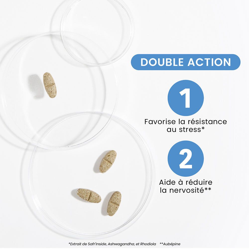 Comprimés sur boîtes de Pétri. Texte : Double Action, 1. Résistance au stress, 2. Réduire la nervosité.