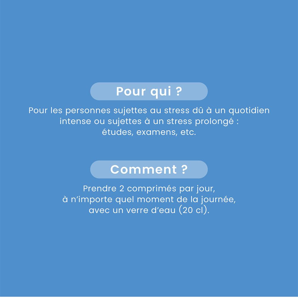 Texte sur fond bleu. Questions et réponses : Pour qui ? Comment ? Prendre 2 comprimés par jour.