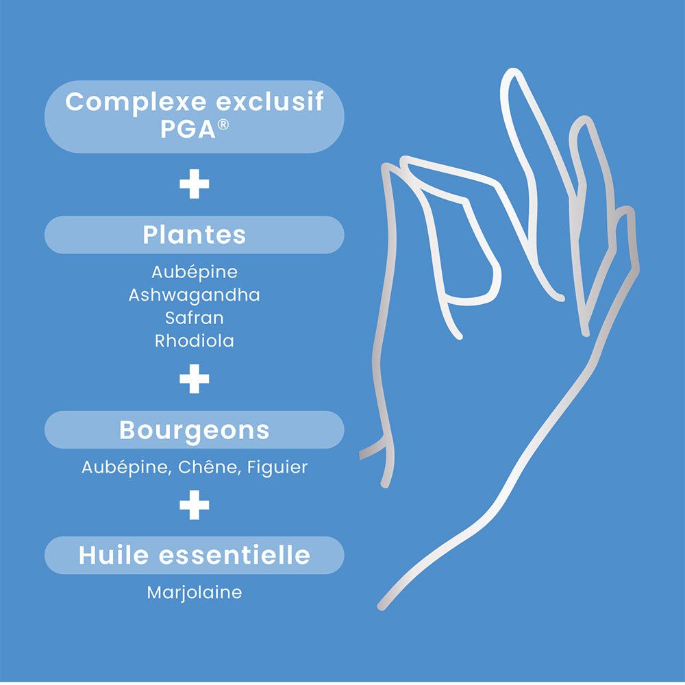 Graphique : Complexe PGA® exclusif. Plantes, bourgeons, huile essentielle. Illustration de main.