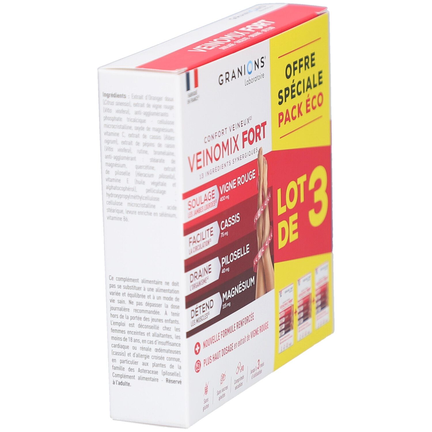 Vue latérale de la boîte GRANIONS VEINOMIX FORT. Inscriptions: VEINOMIX FORT, Offre Spéciale Pack Éco. Contient trois boîtes.