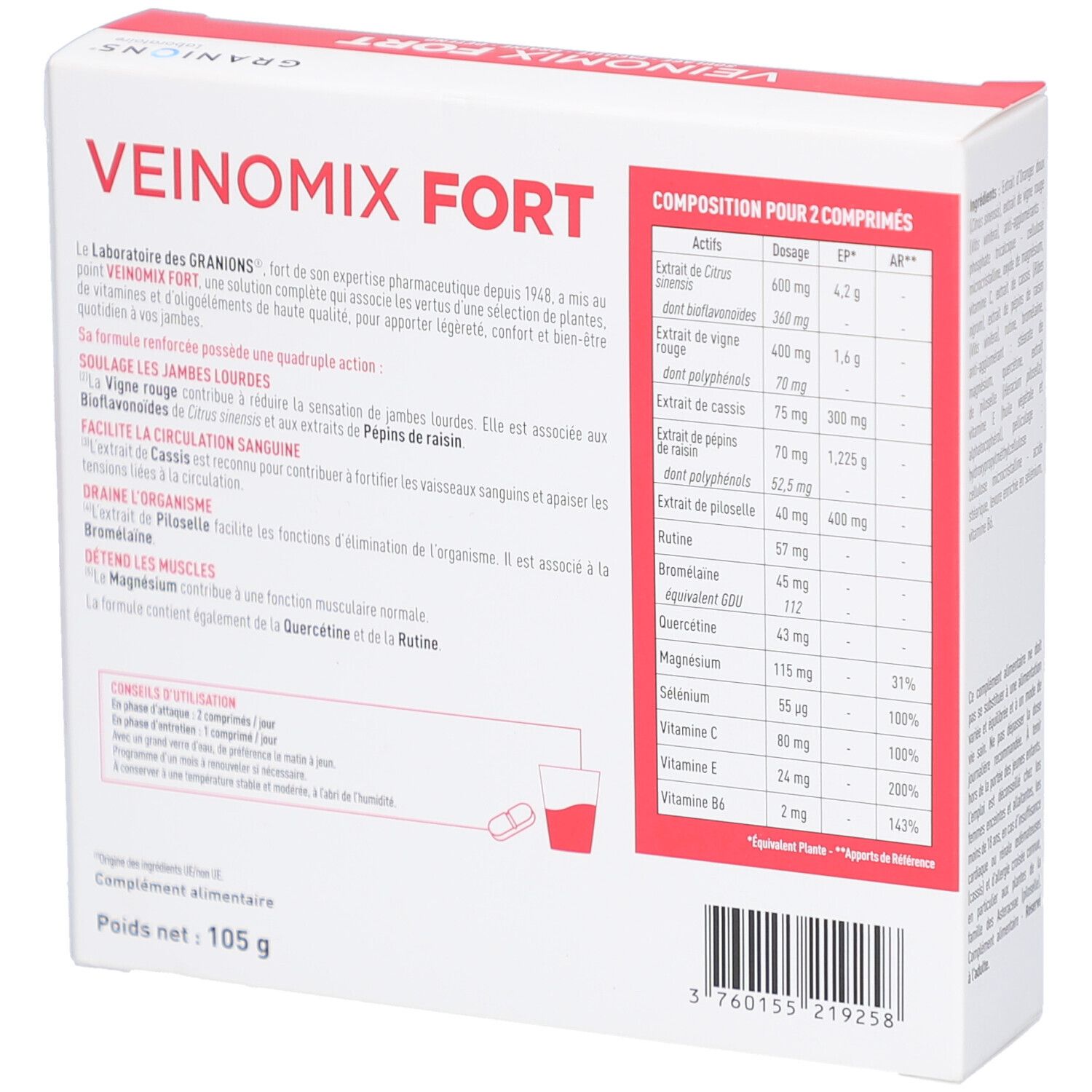 Dos de la boîte GRANIONS VEINOMIX FORT. Contient des informations sur les ingrédients et le dosage. Poids: 105 g.