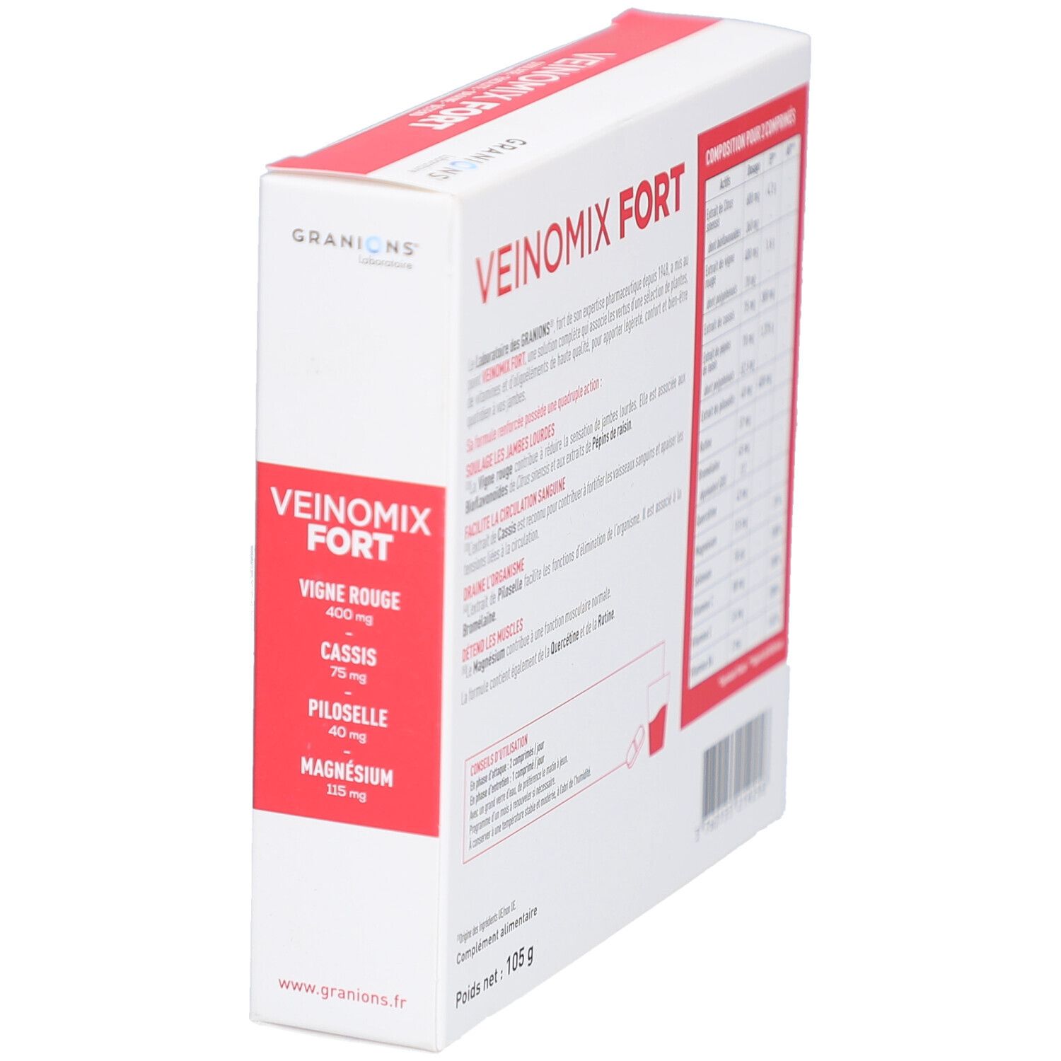 Vue latérale de la boîte GRANIONS VEINOMIX FORT. Inscription: VEINOMIX FORT. Poids: 105 g. Contient des informations.