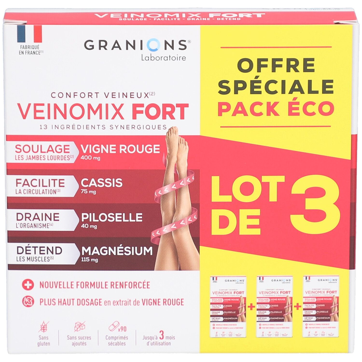 Boîte de GRANIONS VEINOMIX FORT. Contient trois boîtes. Inscriptions: VEINOMIX FORT, LOT DE 3, Offre Spéciale Pack Éco.