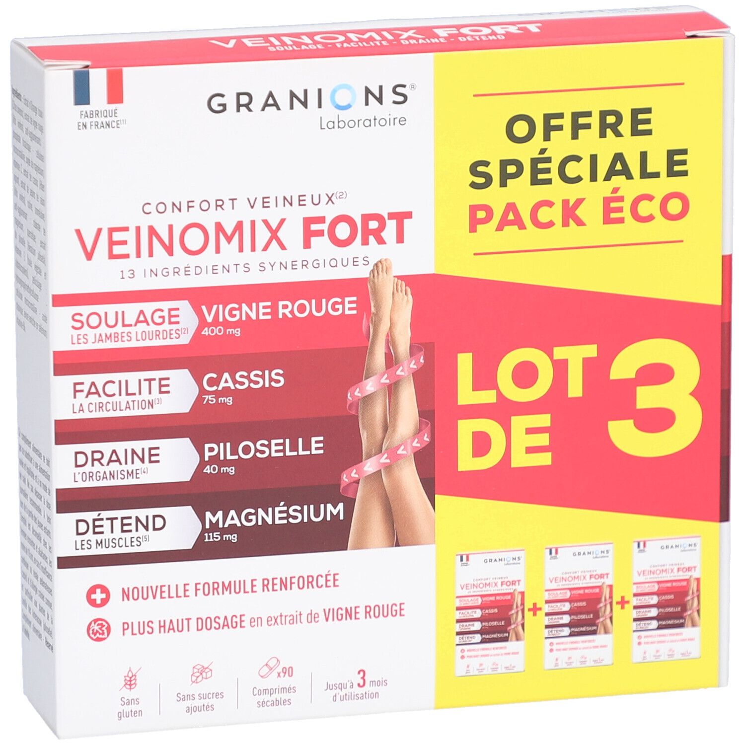Boîte de GRANIONS VEINOMIX FORT. Contient trois boîtes. Inscriptions: VEINOMIX FORT, LOT DE 3, Offre Spéciale Pack Éco.
