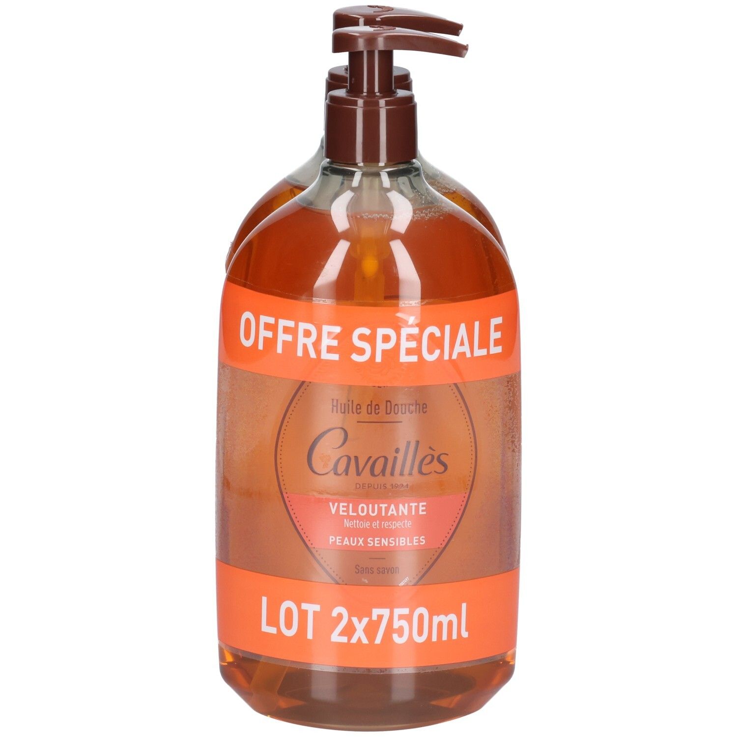 Deux flacons avec pompe marron. Inscription "OFFRE SPÉCIALE". Étiquette avec texte et logo.