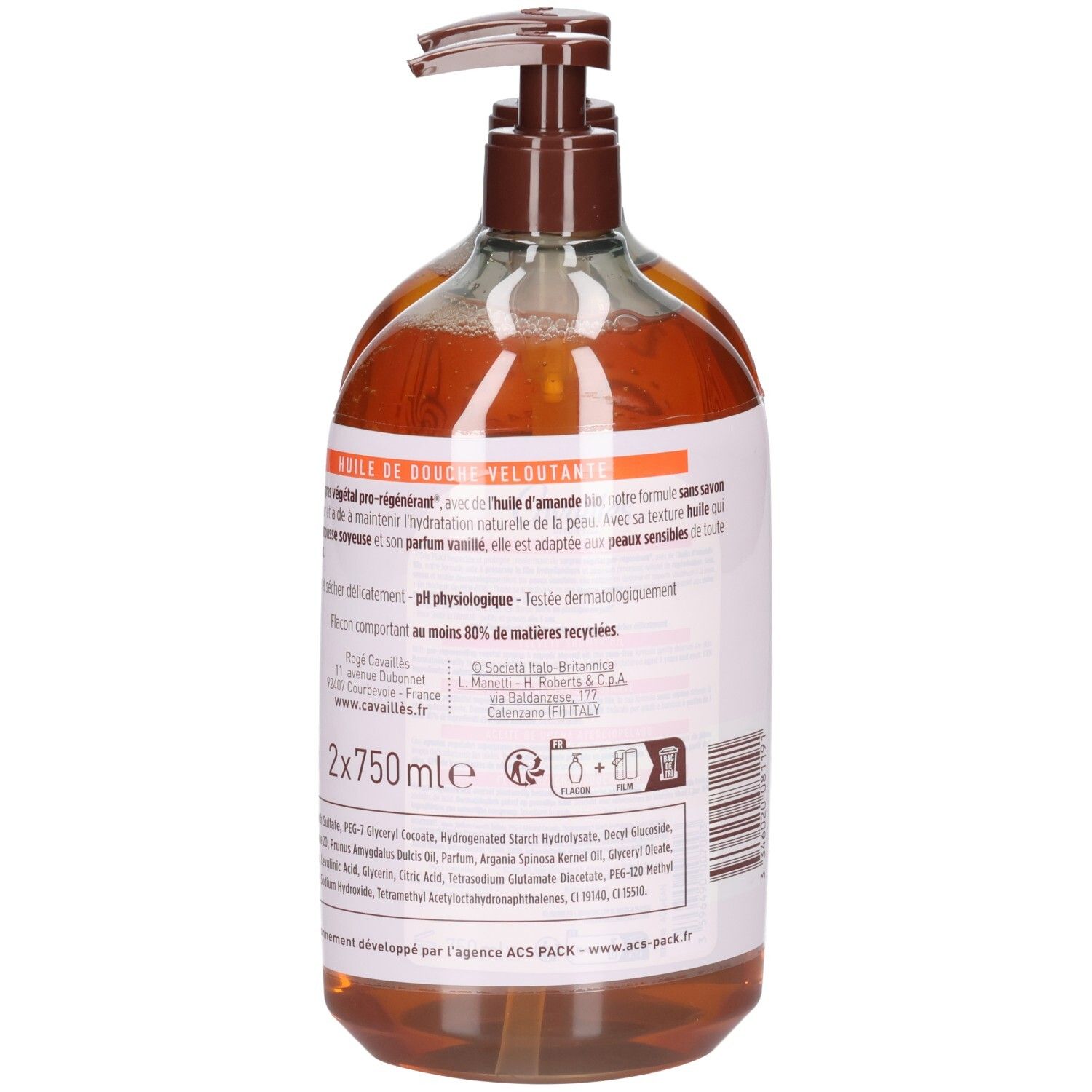 Deux flacons avec pompe marron. Dos avec texte et informations. 2x750ml.