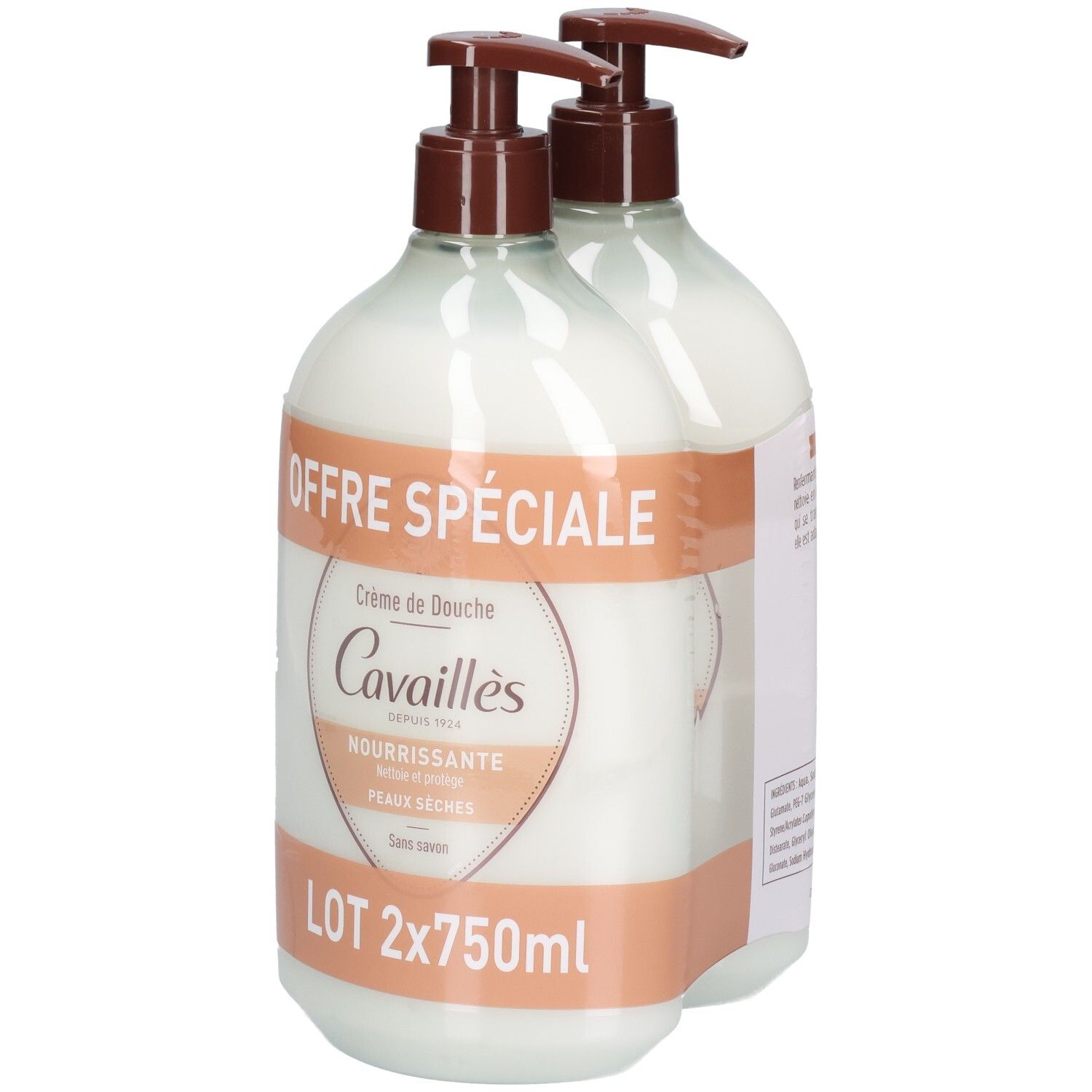 Deux flacons avec pompes marron. Étiquette : Offre Spéciale, Crème de Douche, Cavaillès, Nourrissante, Peaux Sèches, Lot 2x750ml.