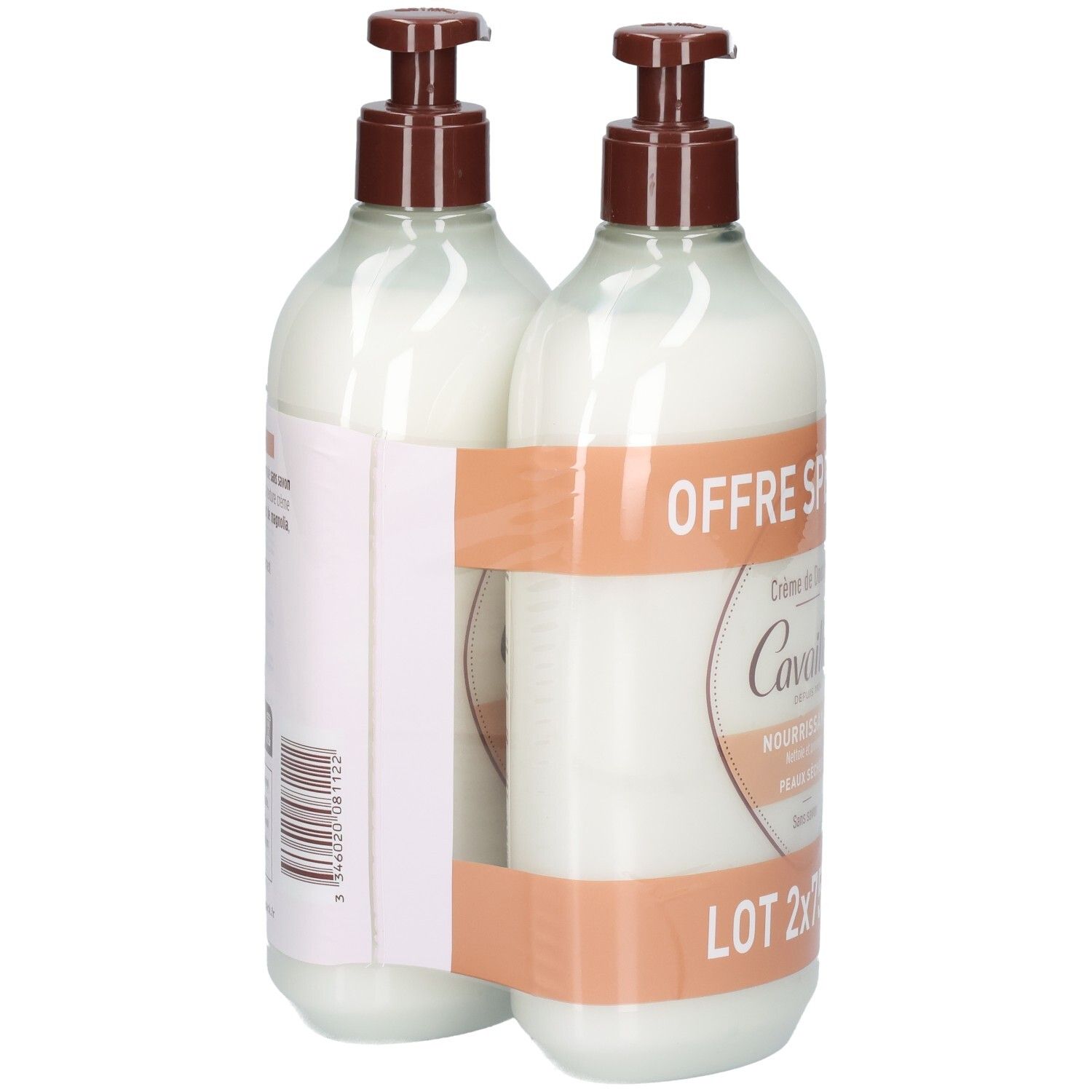 Deux flacons avec pompes marron, liés par une bande marron. Étiquettes avec texte.