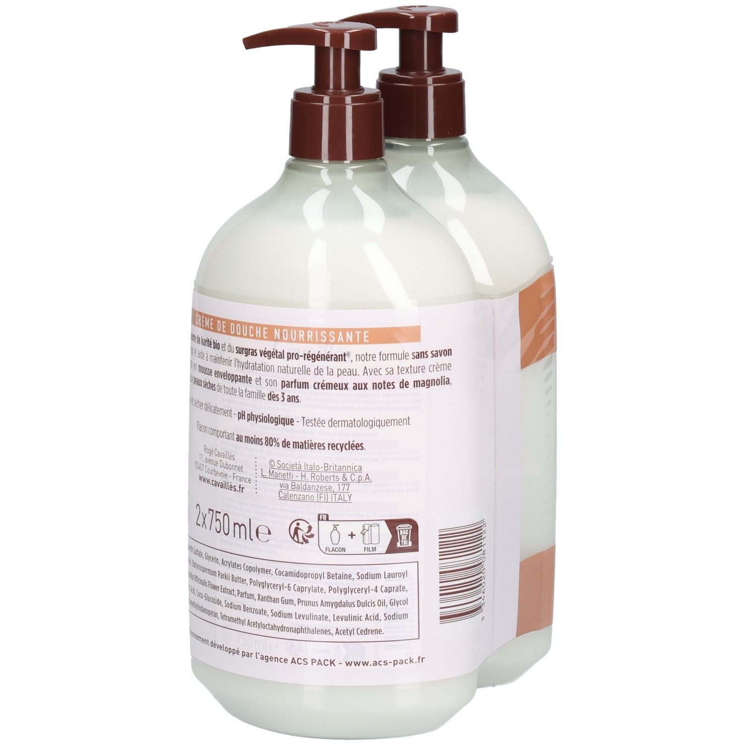 Deux flacons avec pompes marron. Étiquettes avec texte et ingrédients. Flacons transparents.