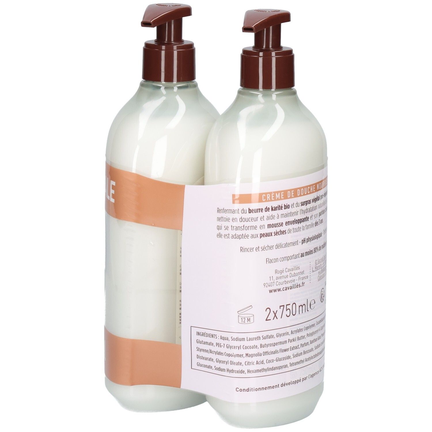 Deux flacons avec pompes marron. Étiquettes avec texte et ingrédients. Flacons transparents.