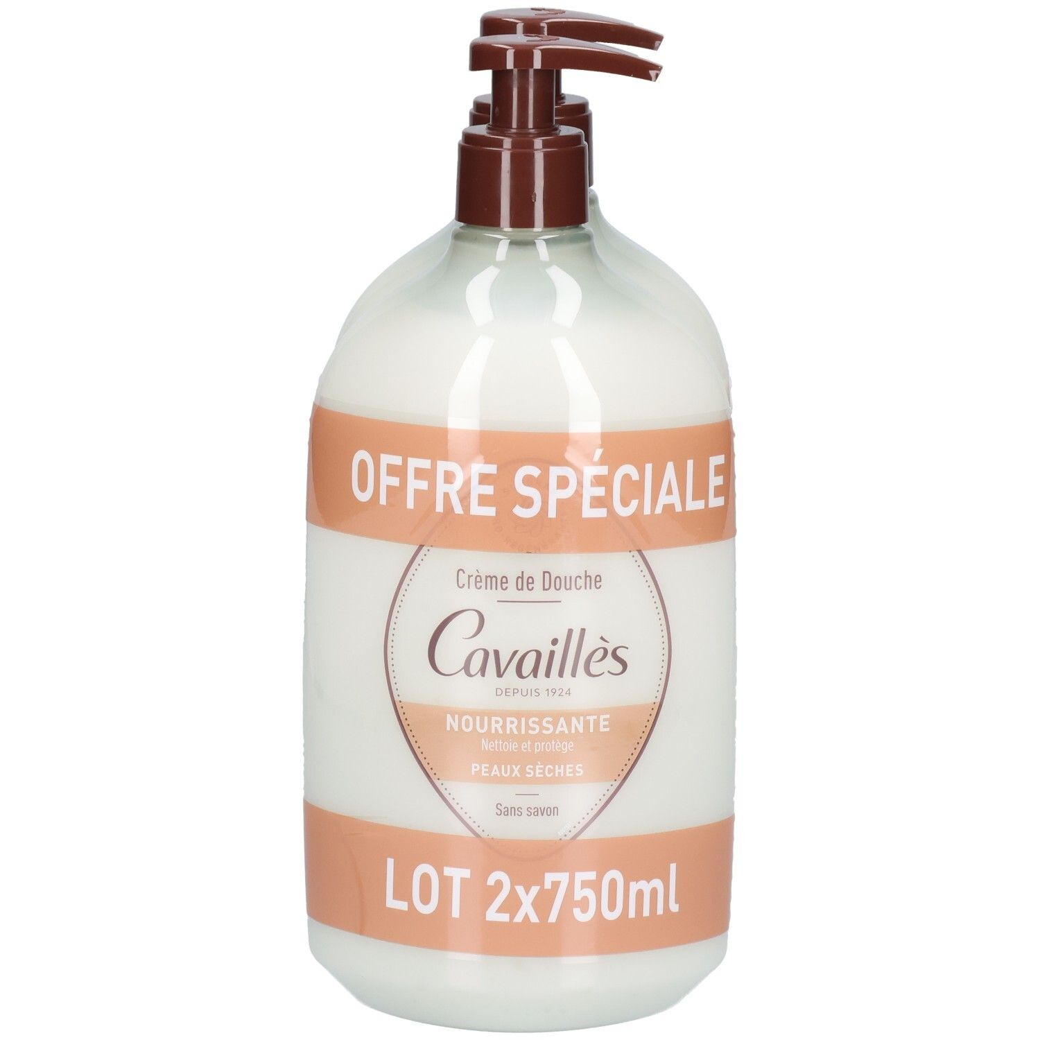 Deux flacons avec pompes marron. Étiquette : Offre Spéciale, Crème de Douche, Cavaillès, Nourrissante, Peaux Sèches, Lot 2x750ml.