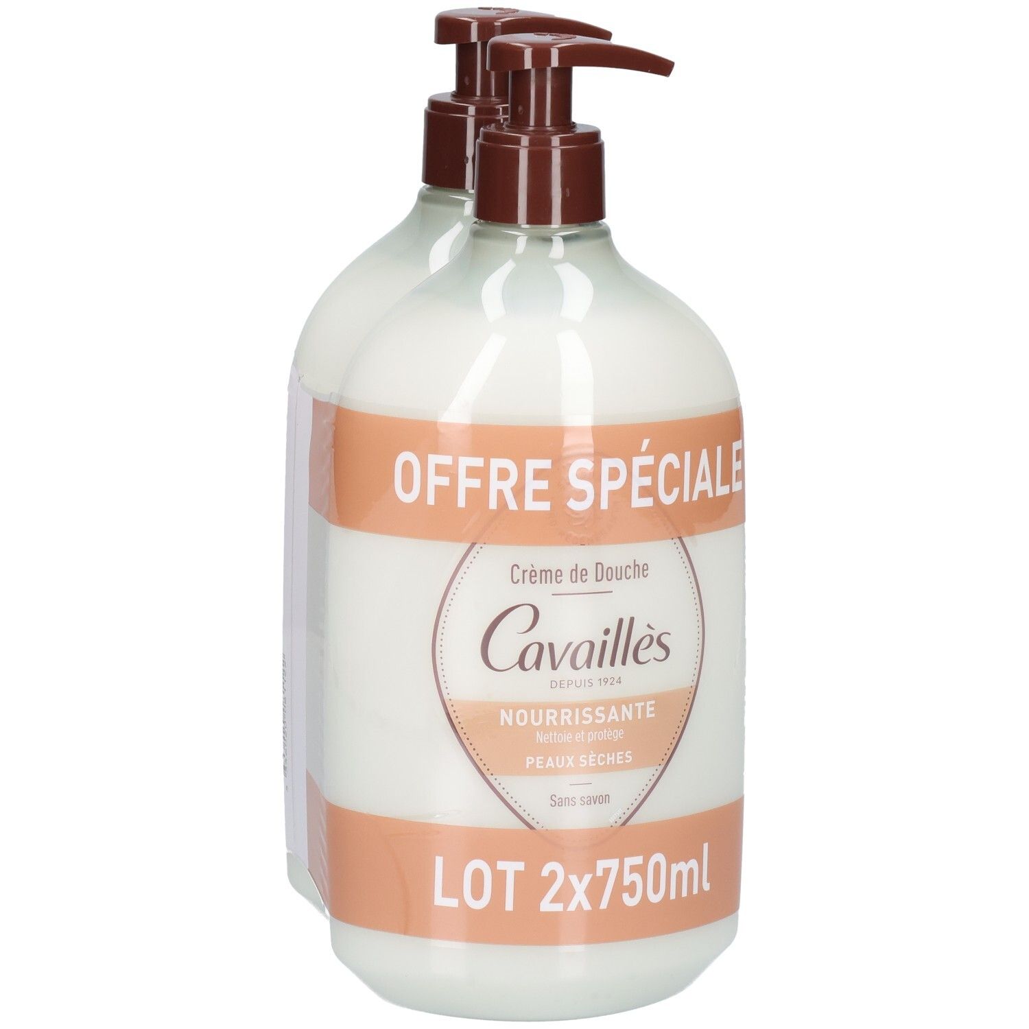 Deux flacons avec pompes marron. Étiquette : Offre Spéciale, Crème de Douche, Cavaillès, Nourrissante, Peaux Sèches, Lot 2x750ml.