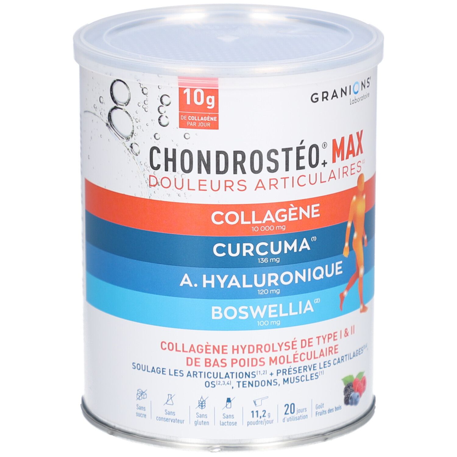 Boîte GRANIONS CHONDROSTÉO+ MAX. Contient collagène, curcuma, acide hyaluronique, boswellia. Couvercle. Inscription: 10g collagène par jour.