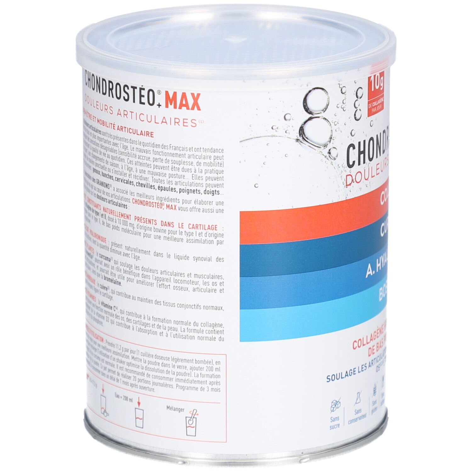 Boîte GRANIONS CHONDROSTÉO+ MAX, vue latérale. Texte et ingrédients. Couvercle. Inscription: CHONDROSTÉO+ MAX, douleurs articulaires.
