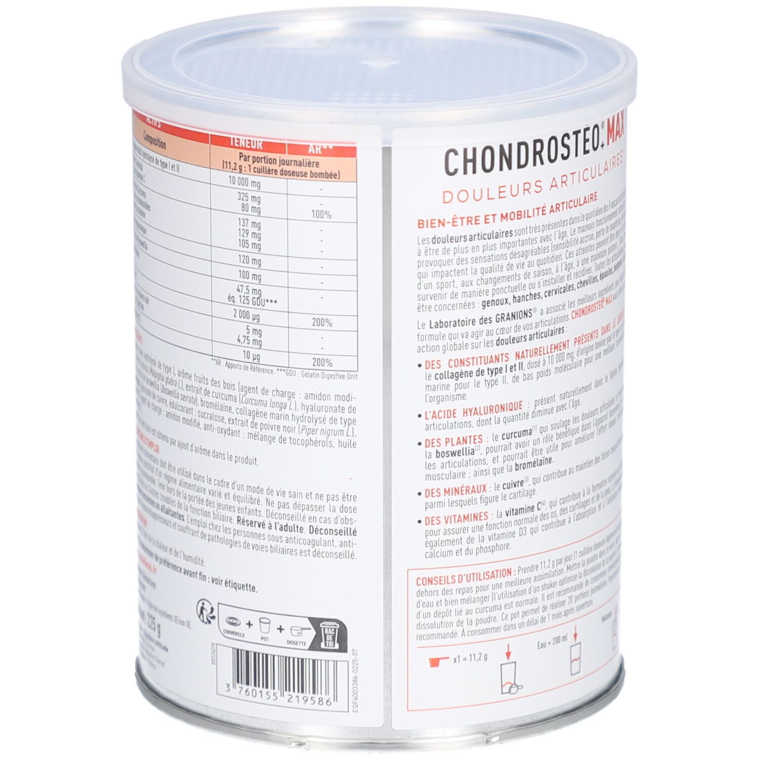 Boîte GRANIONS CHONDROSTÉO+ MAX. Dos avec informations et mode d'emploi. Couvercle. Texte en français.