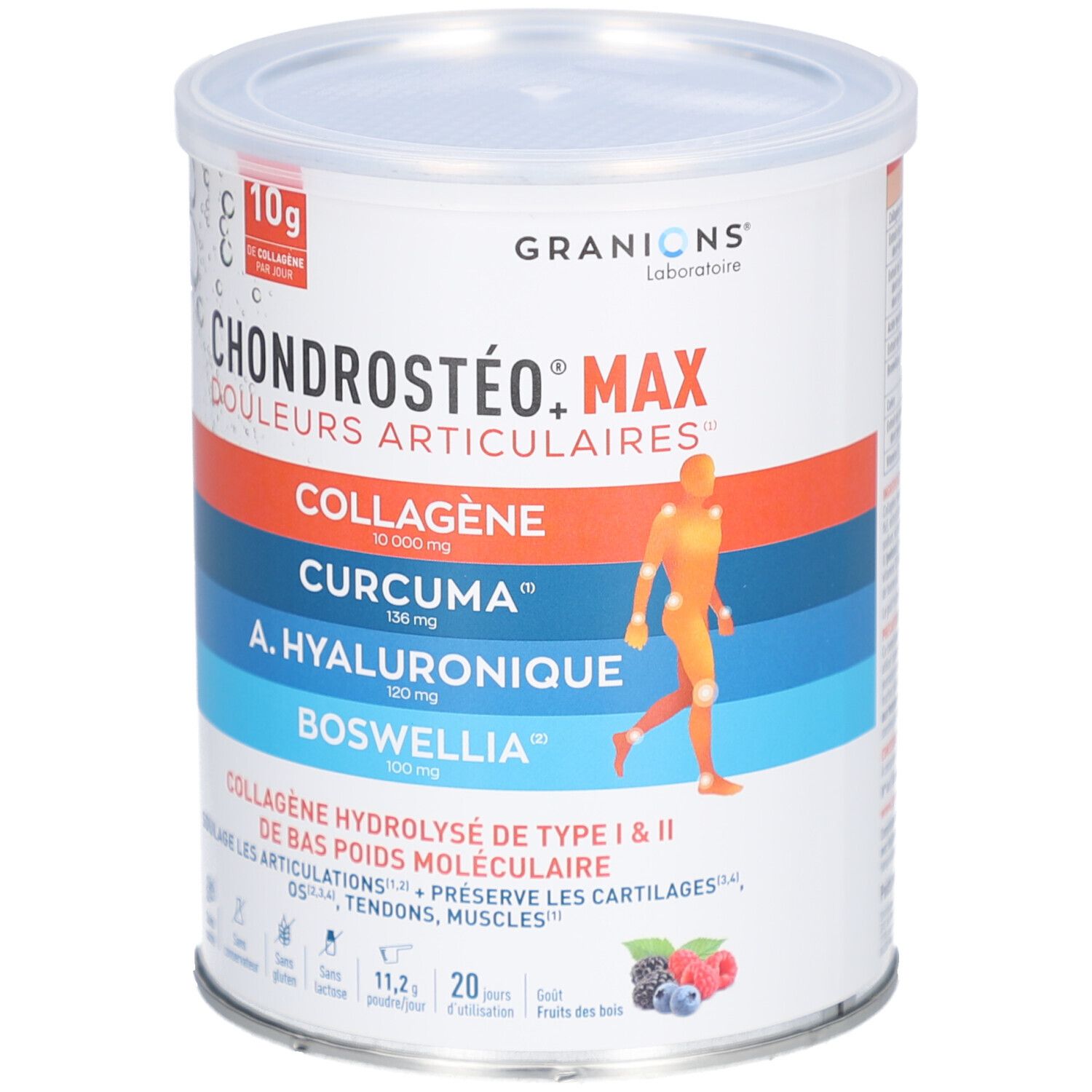 Boîte GRANIONS CHONDROSTÉO+ MAX. Contient collagène, curcuma, acide hyaluronique, boswellia. Couvercle. Inscription: 10g collagène par jour.