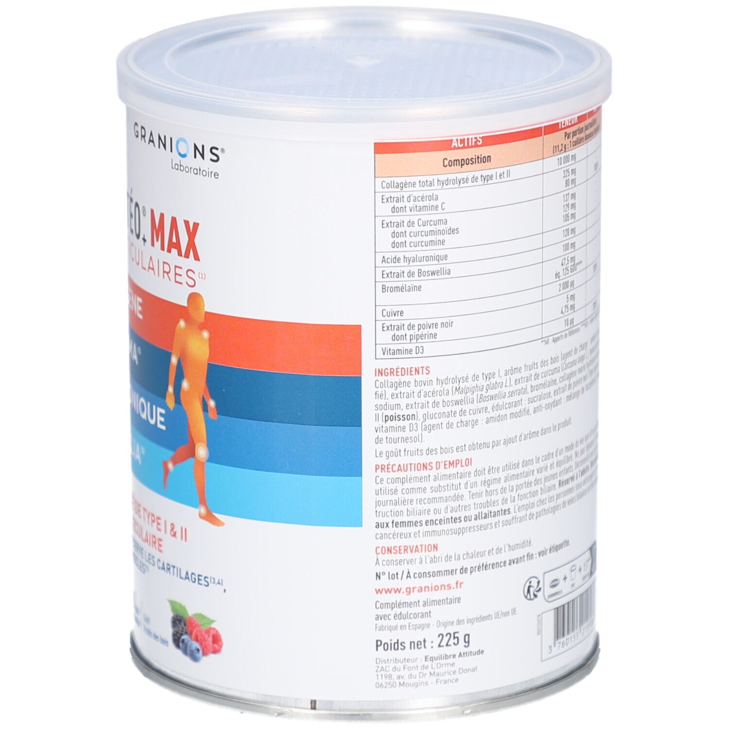 Boîte GRANIONS CHONDROSTÉO+ MAX. Dos avec ingrédients. Couvercle. Texte en français. Contient collagène, vitamine C, curcuma, boswellia.