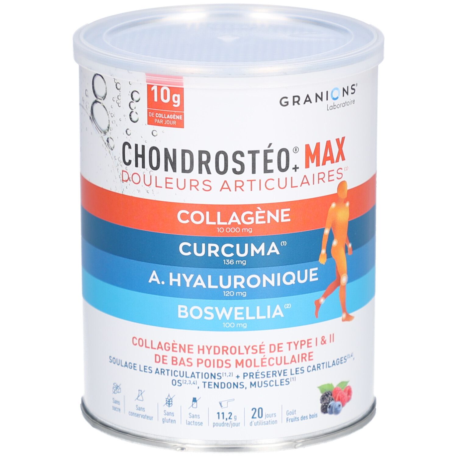 Boîte GRANIONS CHONDROSTÉO+ MAX. Contient collagène, curcuma, acide hyaluronique, boswellia. Couvercle. Inscription: 10g collagène par jour.