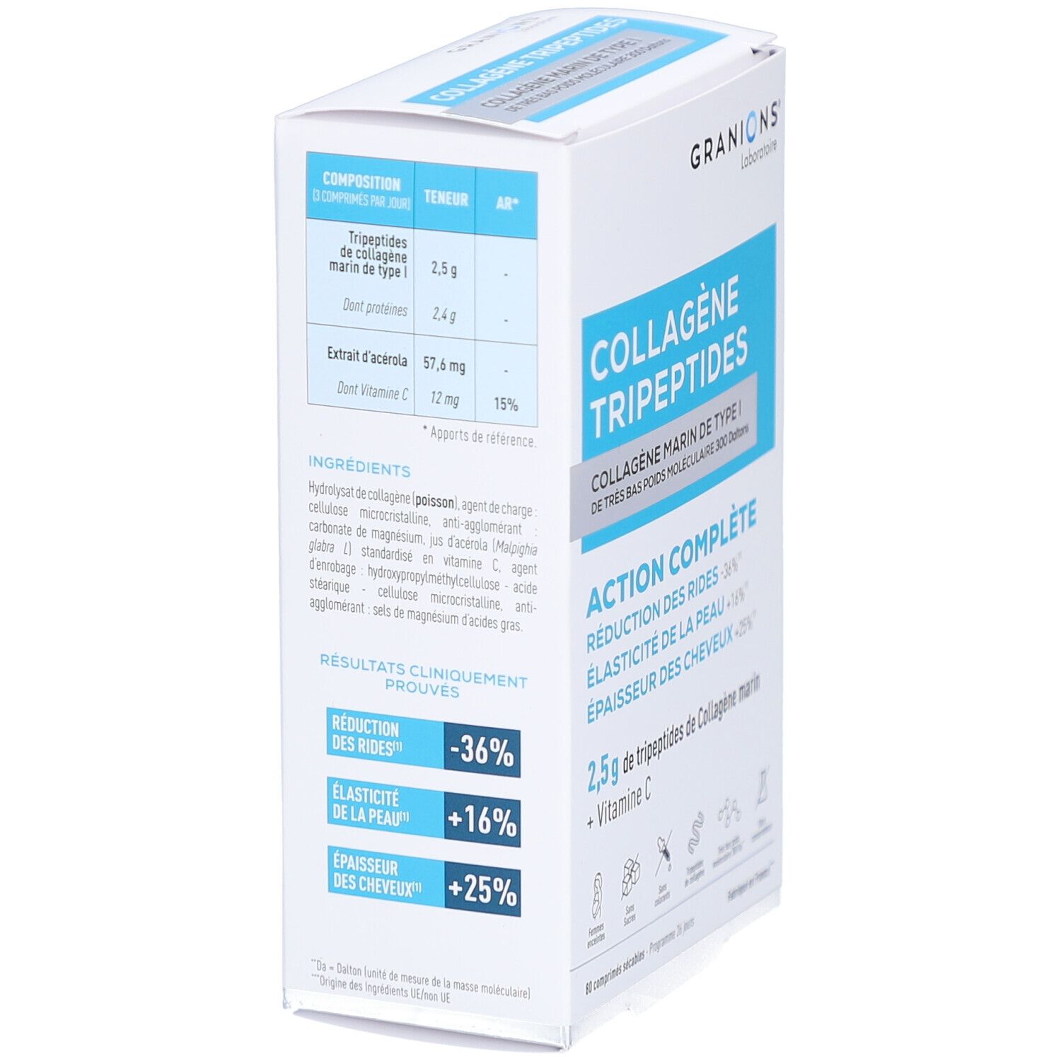 Vue latérale de l'emballage GRANIONS COLLAGÈNE TRIPEPTIDES. Contient des informations sur les ingrédients et les résultats cliniques.