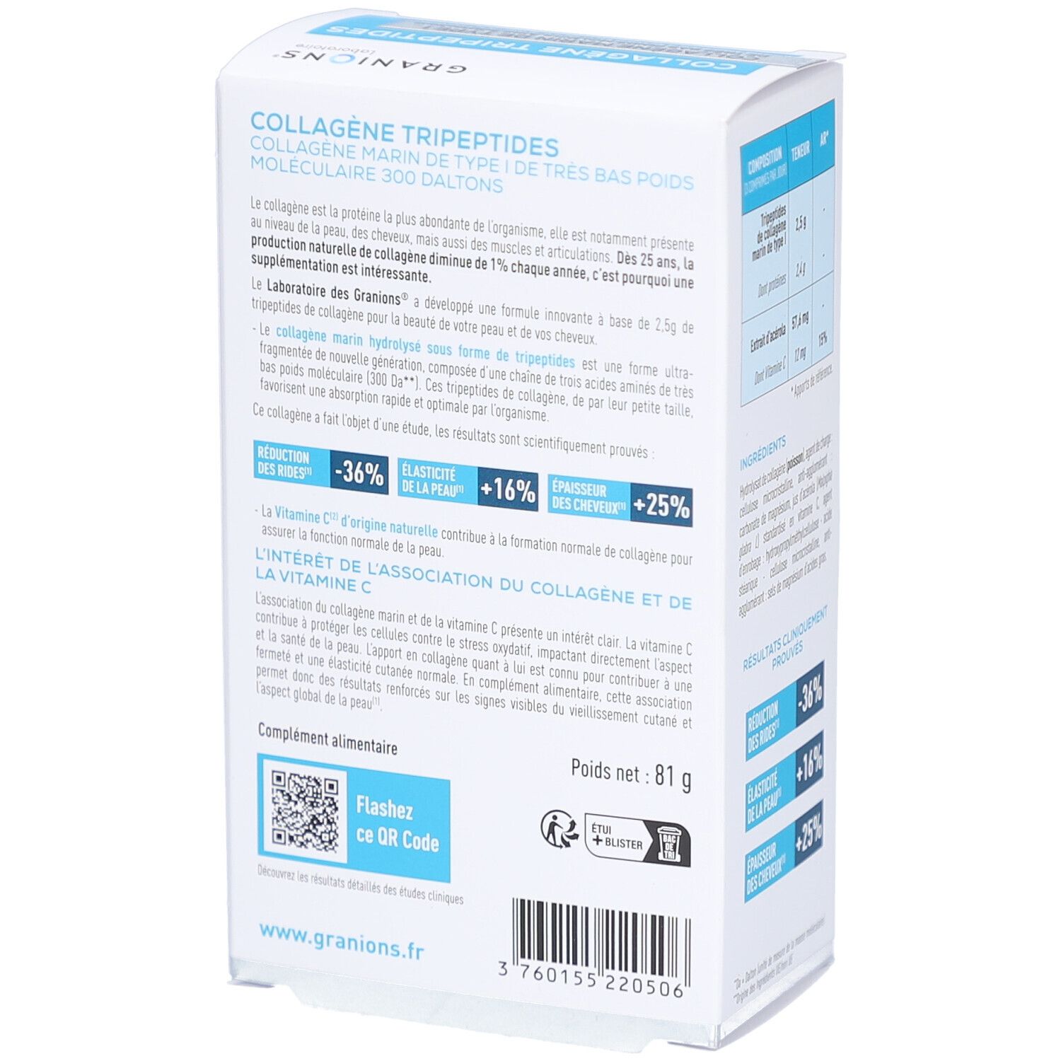 Dos de l'emballage GRANIONS COLLAGÈNE TRIPEPTIDES. Contient des informations sur les ingrédients, le poids et le code QR.