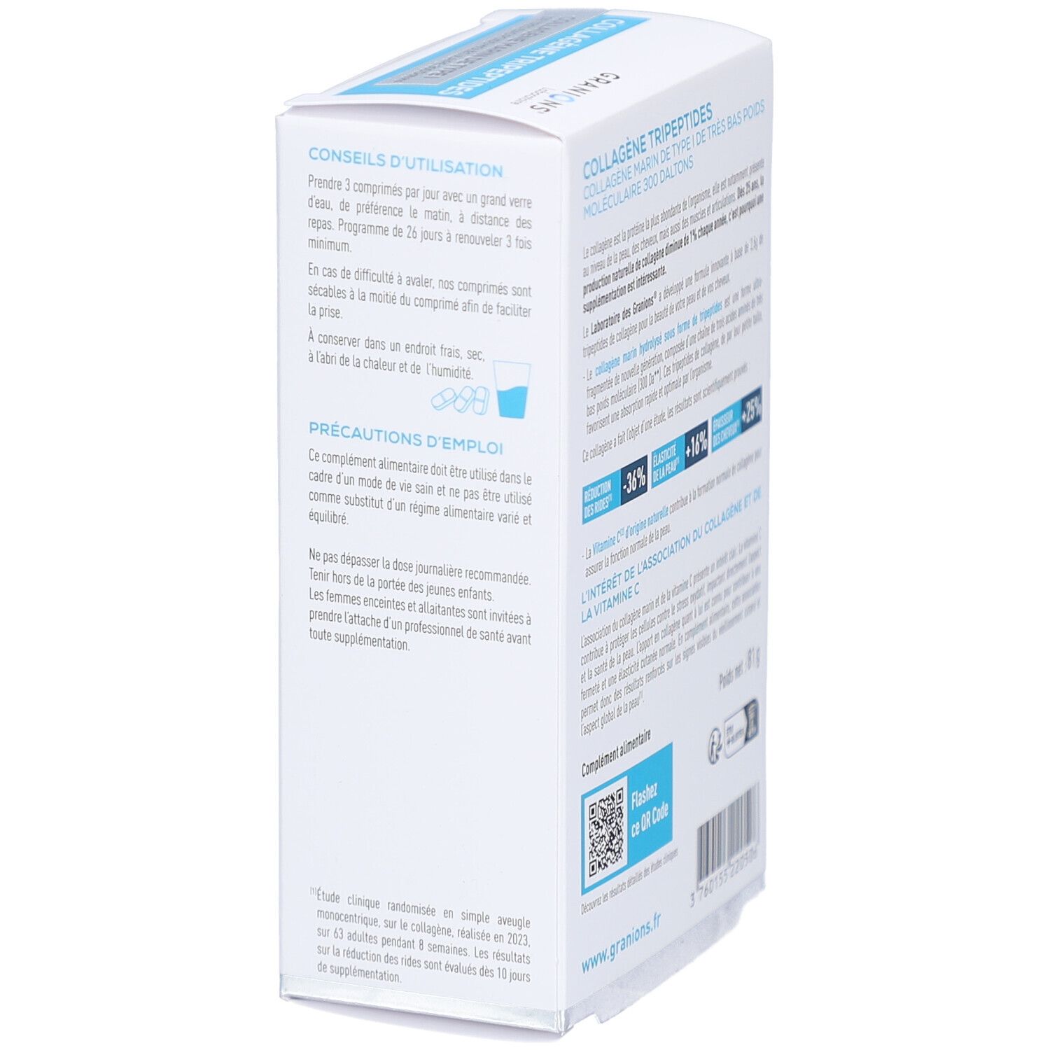 Côté de l'emballage GRANIONS COLLAGÈNE TRIPEPTIDES. Contient des instructions d'utilisation et des précautions.