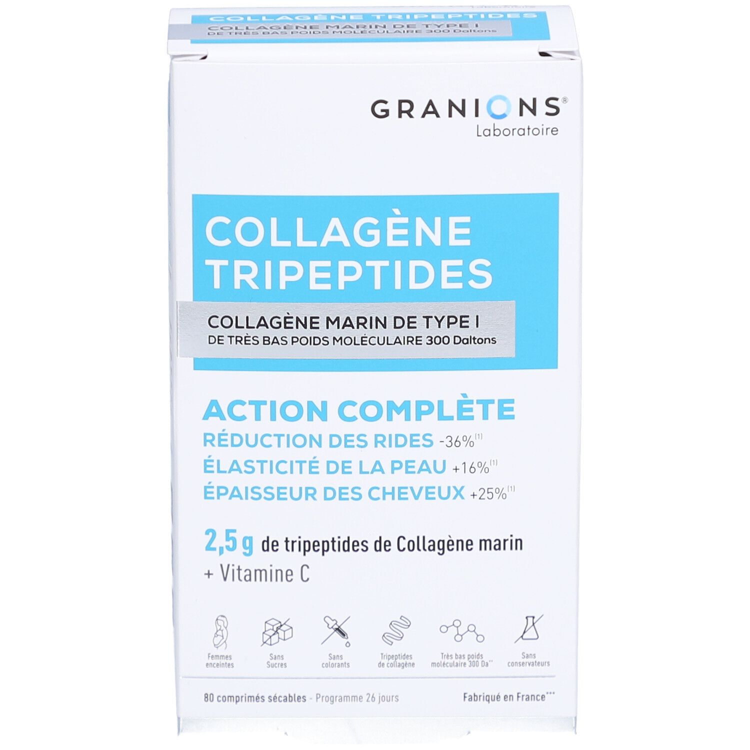 Vue de face de l'emballage GRANIONS COLLAGÈNE TRIPEPTIDES. Contient le nom du produit, les ingrédients et les effets.