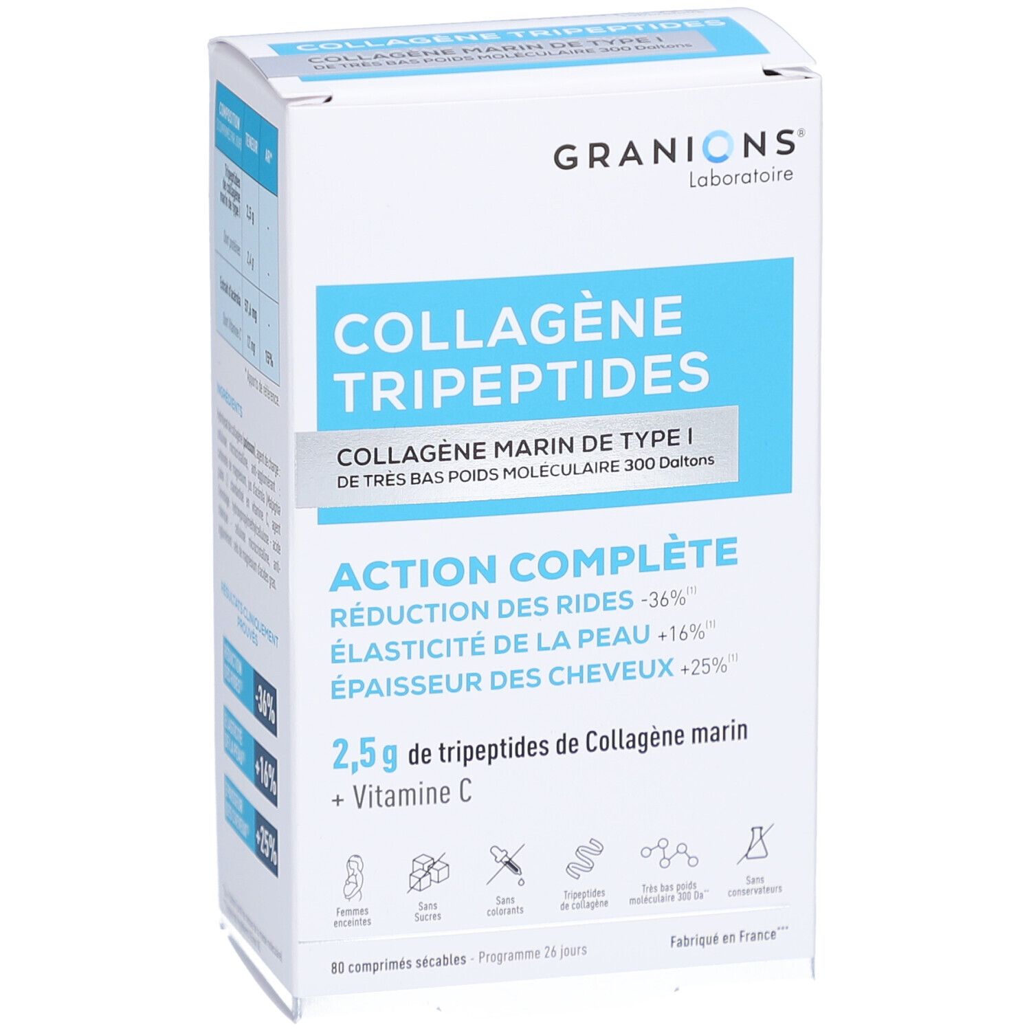 Vue de face de l'emballage GRANIONS COLLAGÈNE TRIPEPTIDES. Contient le nom du produit, les ingrédients et les effets.