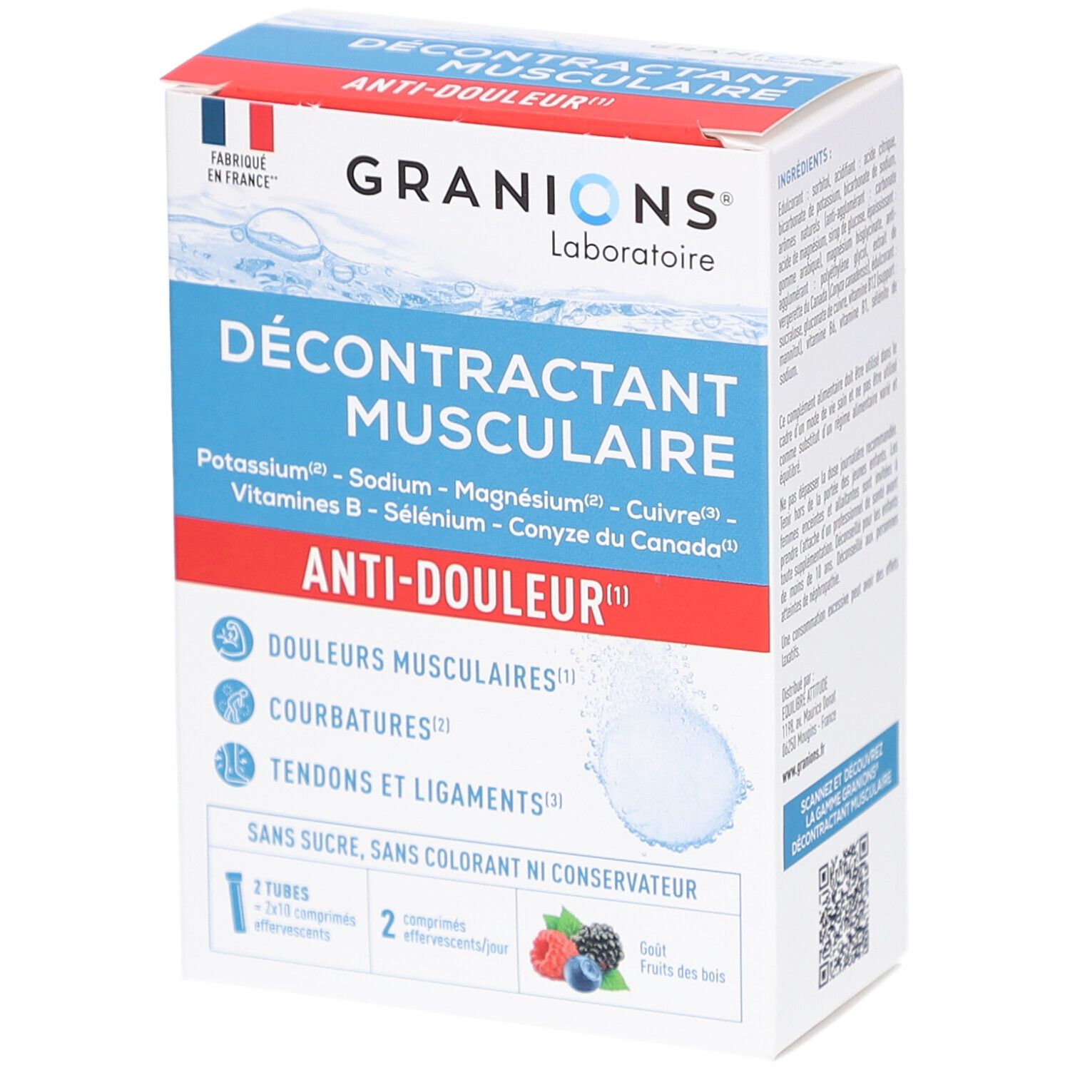 Boîte de Granions Décontractant Musculaire Effervescent. Emballage bleu, rouge et blanc. Texte: Anti-Douleur, Décontractant Musculaire.