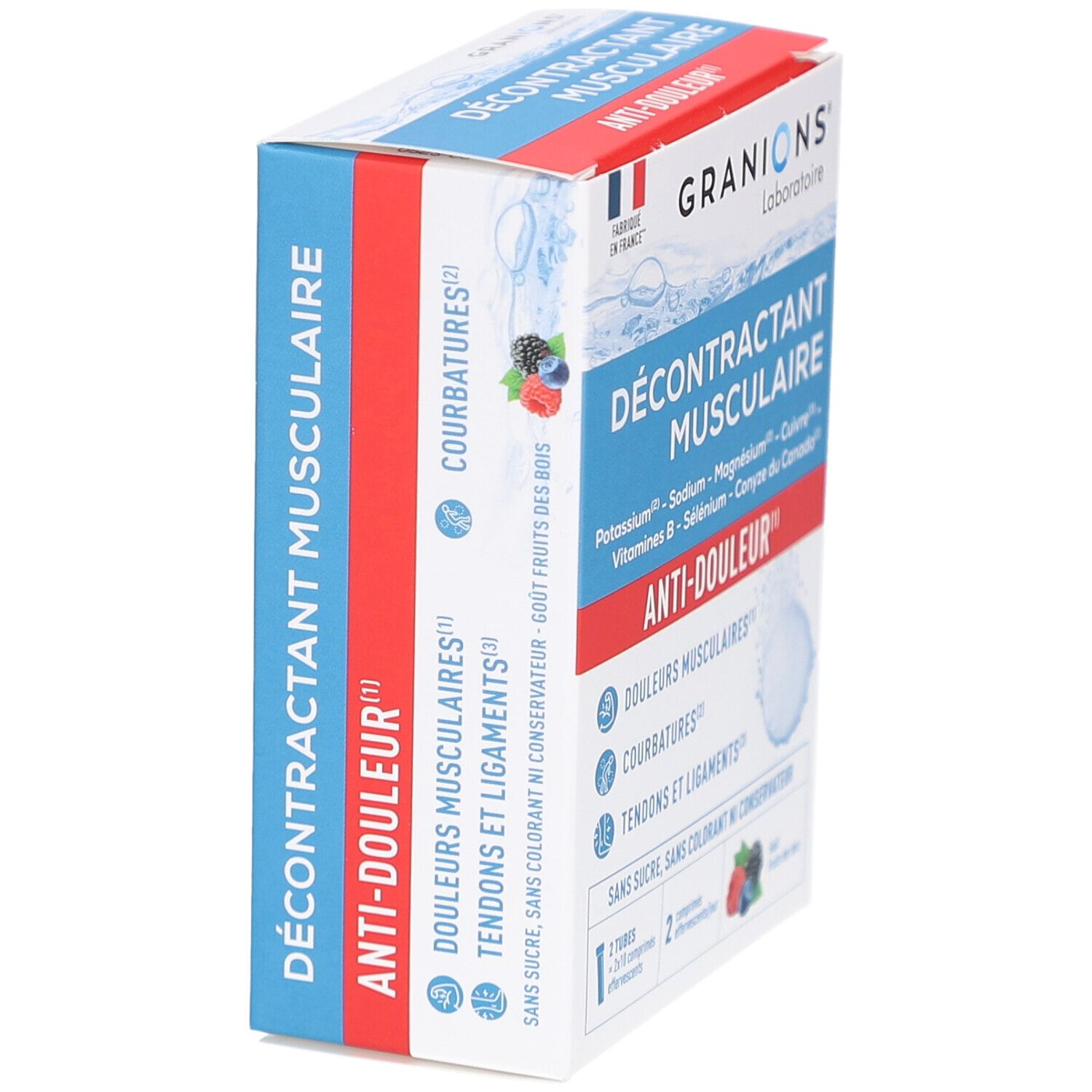 Boîte de Granions Décontractant Musculaire Effervescent. Emballage bleu, rouge et blanc. Texte: Anti-Douleur, Courbatures.