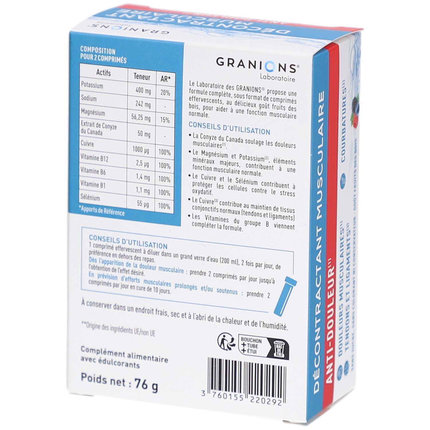 Dos de la boîte de Granions Décontractant Musculaire Effervescent. Texte: Ingrédients, conseils d'utilisation, informations nutritionnelles.