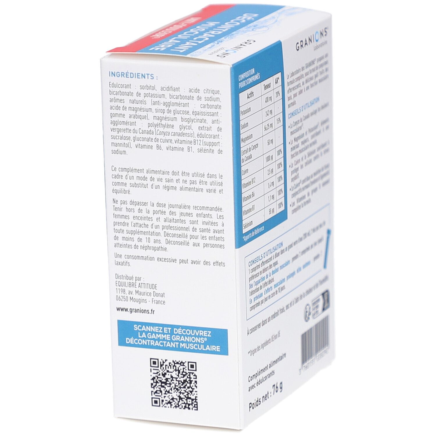 Boîte de Granions Décontractant Musculaire Effervescent. Texte: Ingrédients, code QR, adresse du fabricant.