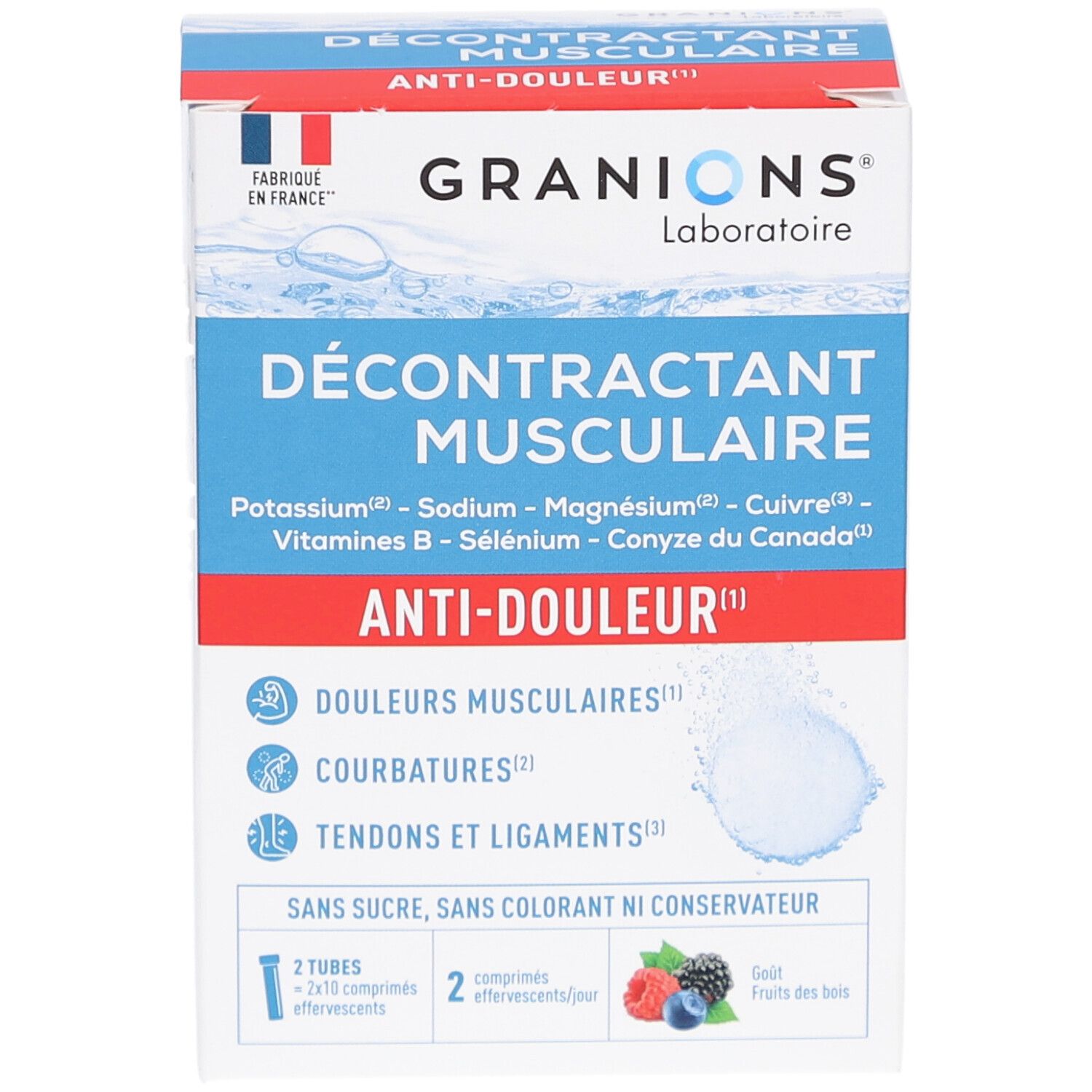 Boîte de Granions Décontractant Musculaire Effervescent. Emballage bleu, rouge et blanc. Texte: Anti-Douleur, Décontractant Musculaire.