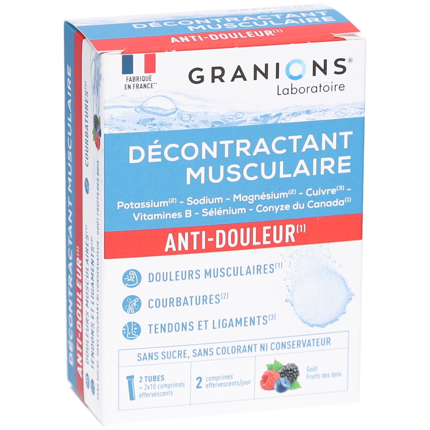 Boîte de Granions Décontractant Musculaire Effervescent. Emballage bleu, rouge et blanc. Texte: Anti-Douleur, Courbatures, Tendons et Ligaments.