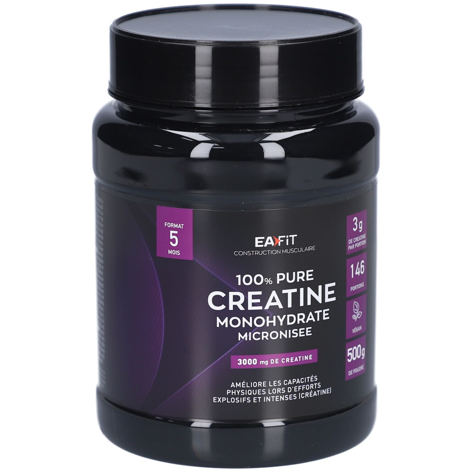 Pot noir avec accents violets. Inscription: EA-FIT 100% Pure Créatine Monohydrate. 500g. 3g créatine par portion. Vegan.
