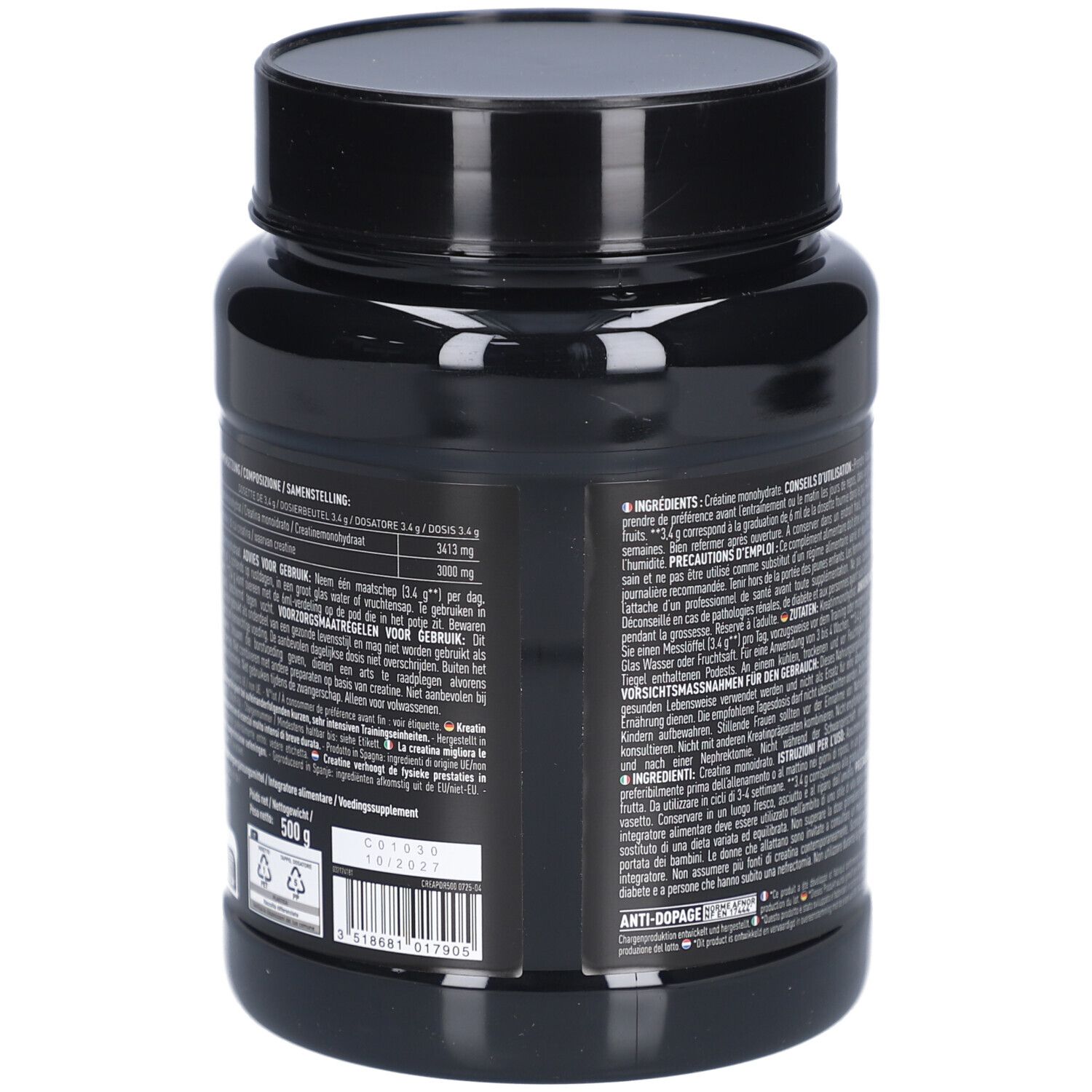 Dos du pot noir. Texte en plusieurs langues. Contient des informations sur les ingrédients et les valeurs nutritionnelles.