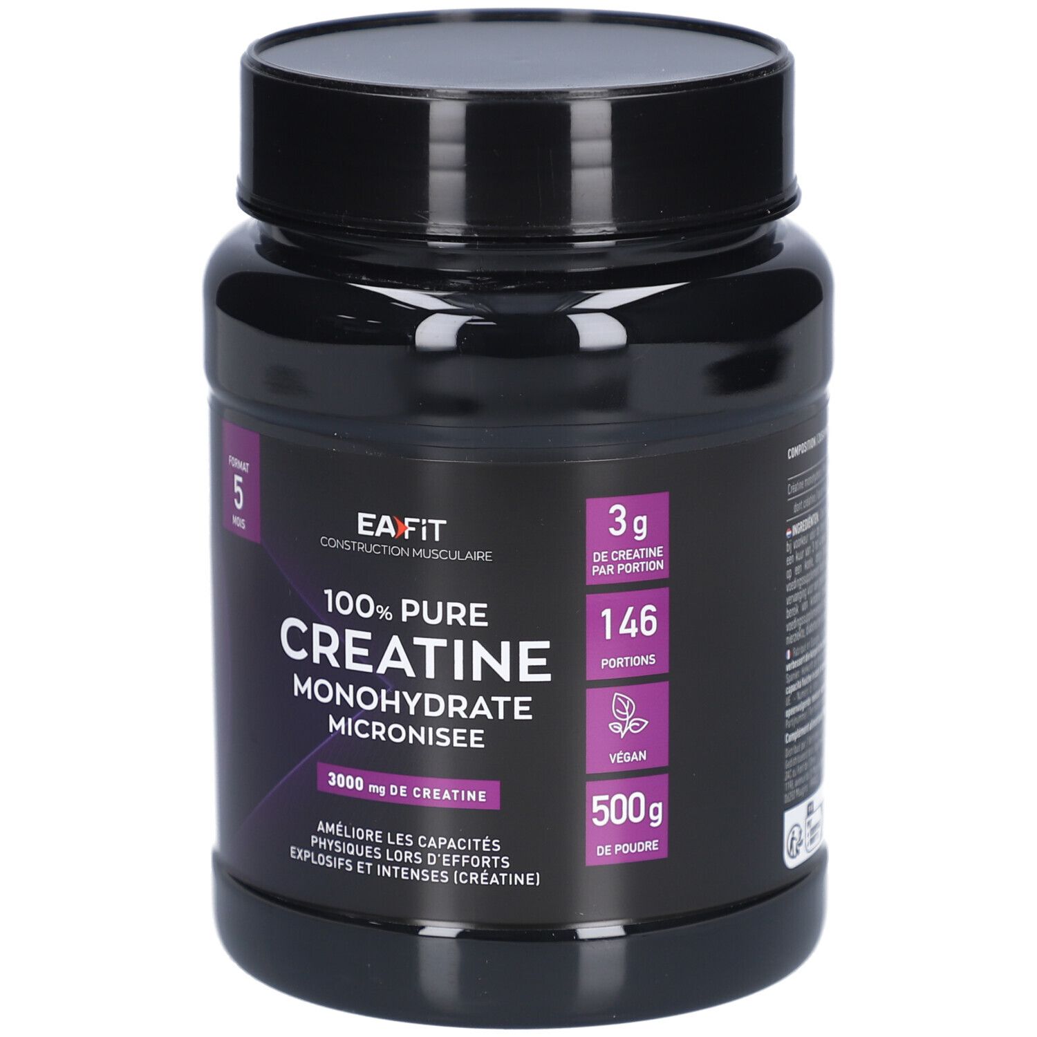 Pot noir avec accents violets. Inscription: EA-FIT 100% Pure Créatine Monohydrate. 500g. 3g créatine par portion. Vegan.