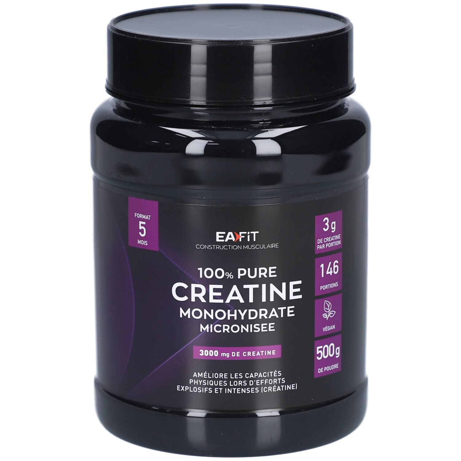 Pot noir avec accents violets. Inscription: EA-FIT 100% Pure Créatine Monohydrate. 500g. 3g créatine par portion. Vegan.