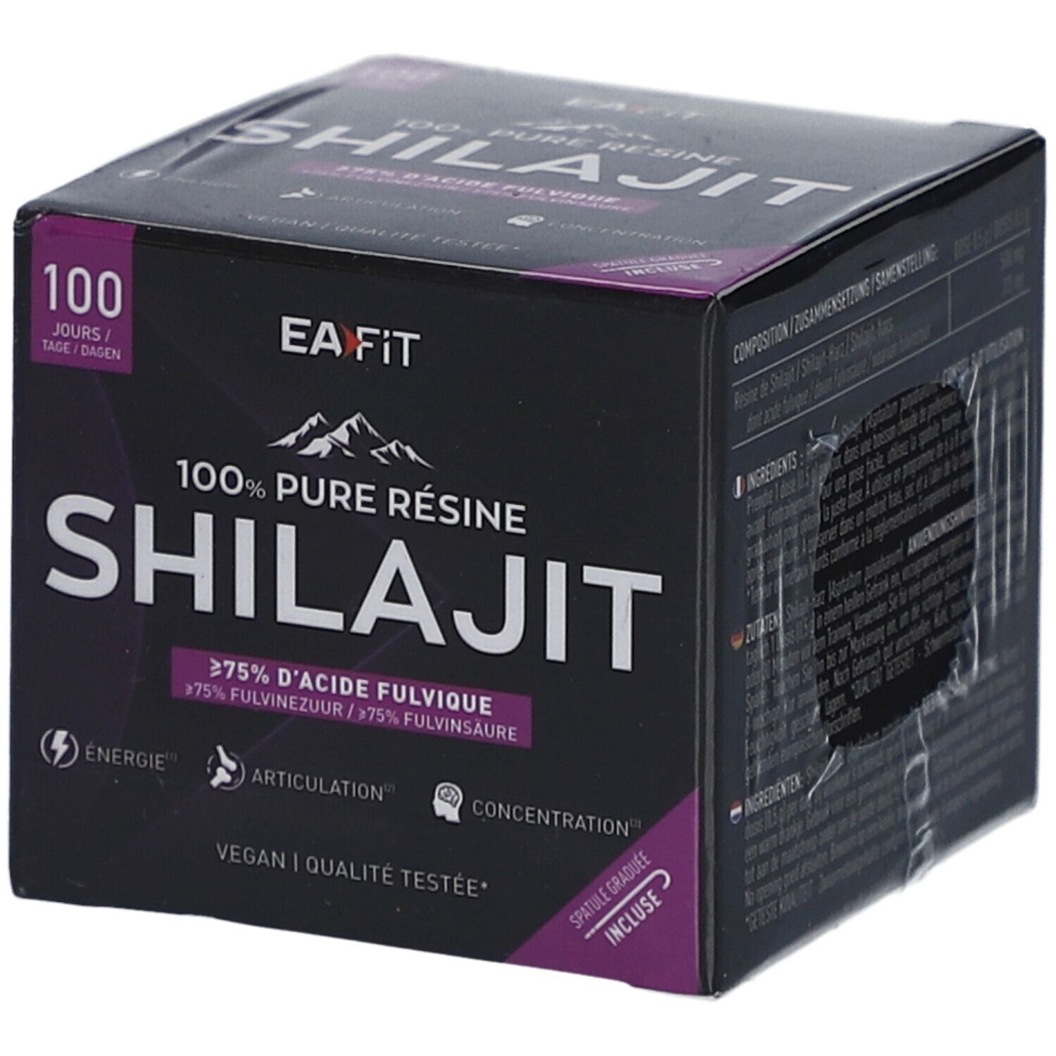 Boîte noire EA-FIT Shilajit. Texte: 100% Pure Résine Shilajit, >75% Acide fulvique. Vegan, qualité testée. Spatule graduée incluse.