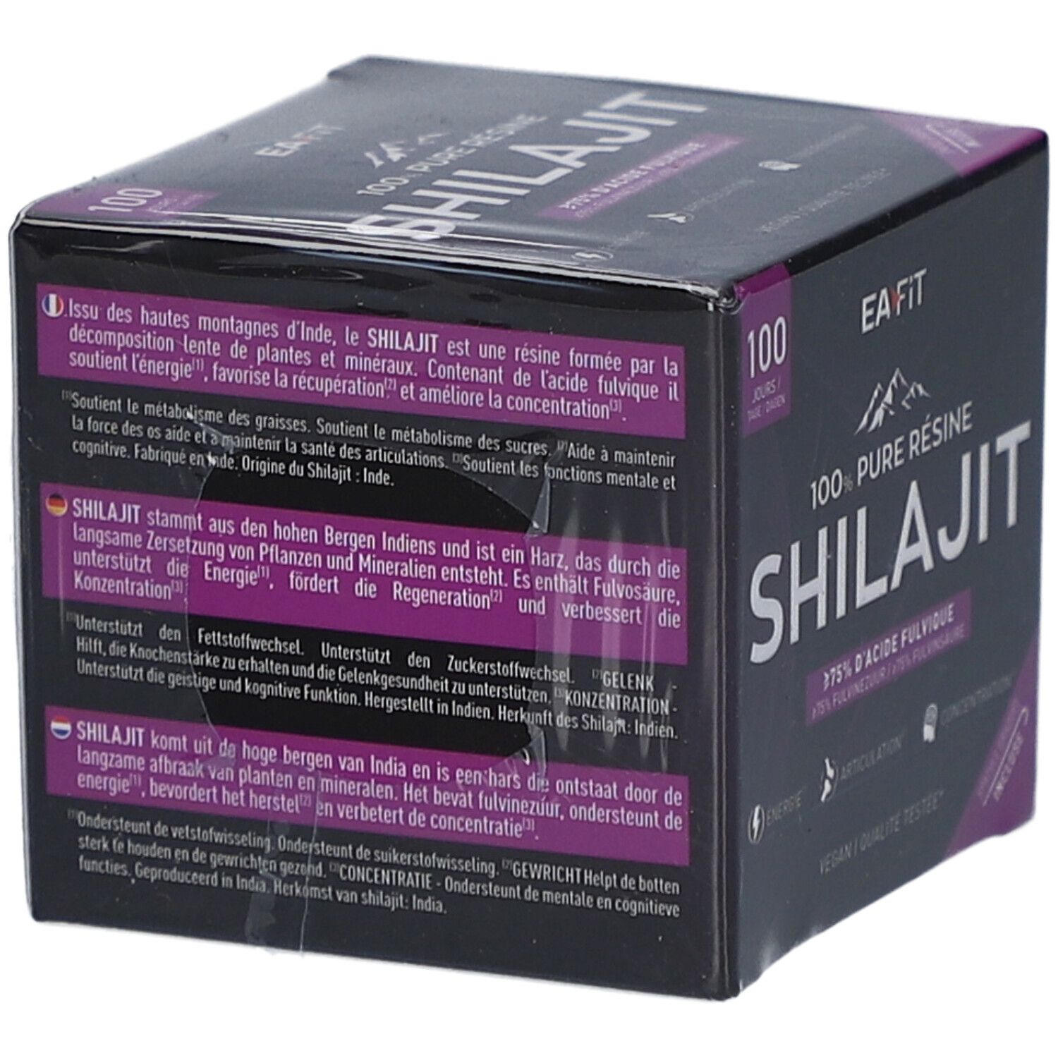 Boîte noire avec textes multilingues. EA-FIT 100% Pure Résine Shilajit. 100. Informations sur la composition et l'utilisation.