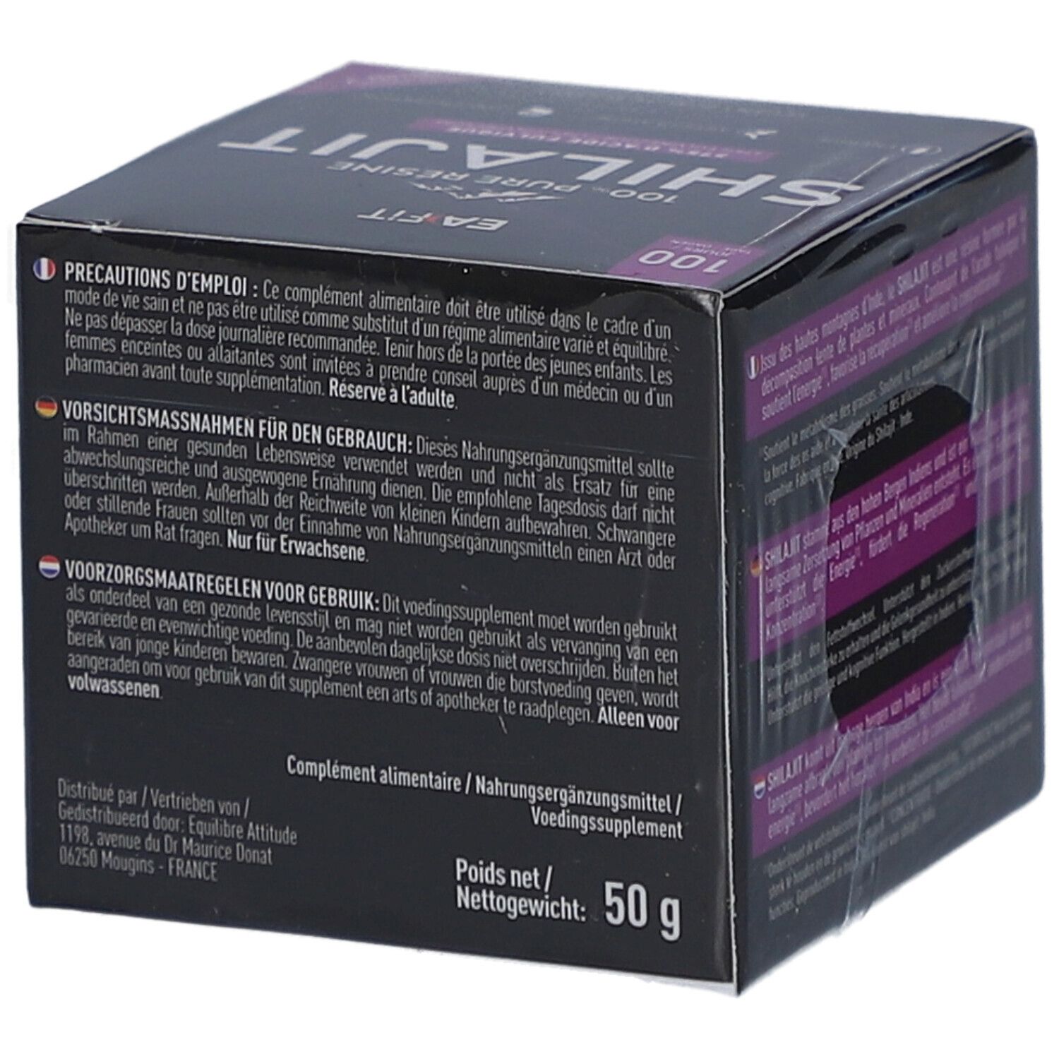 Boîte noire avec textes multilingues. EA-FIT Shilajit. Poids net: 50 g. Précautions d'emploi.