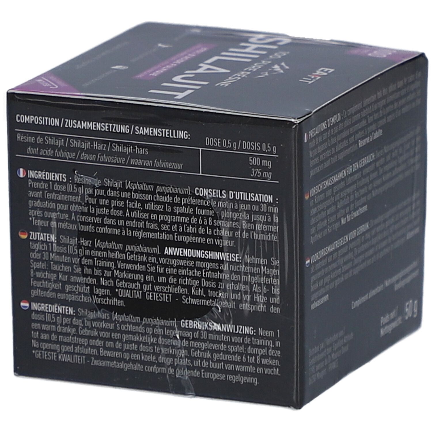 Boîte noire avec textes multilingues. EA-FIT Shilajit. Composition, dosage, conseils d'utilisation. Poids net: 50 g.