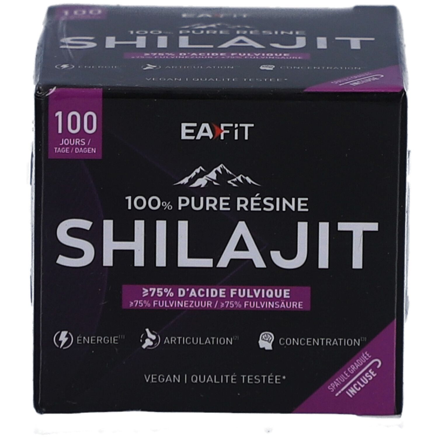 Boîte noire EA-FIT Shilajit. Texte: 100% Pure Résine Shilajit, >75% Acide fulvique. Vegan, qualité testée. 100 jours.