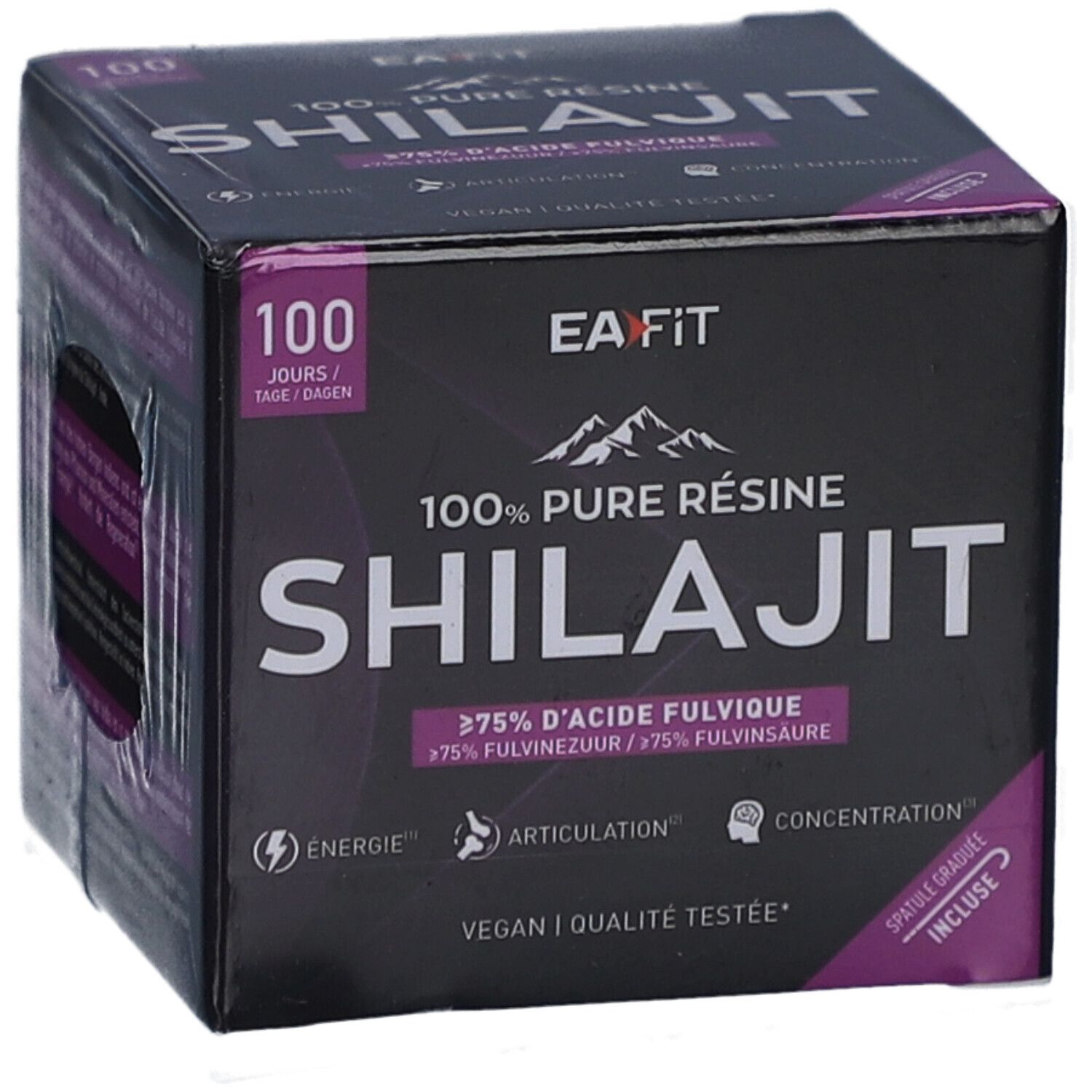 Boîte noire EA-FIT Shilajit. Texte: 100% Pure Résine Shilajit, >75% Acide fulvique. Vegan, qualité testée. Spatule.
