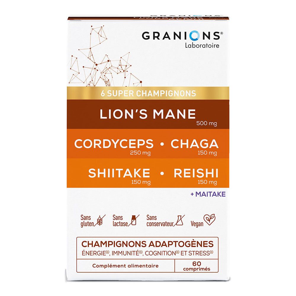 Boîte de Granions Complexe Super Champignons. Contient 60 comprimés. Contient Lion's Mane, Cordyceps, Chaga, Shiitake, Reishi, Maitake.