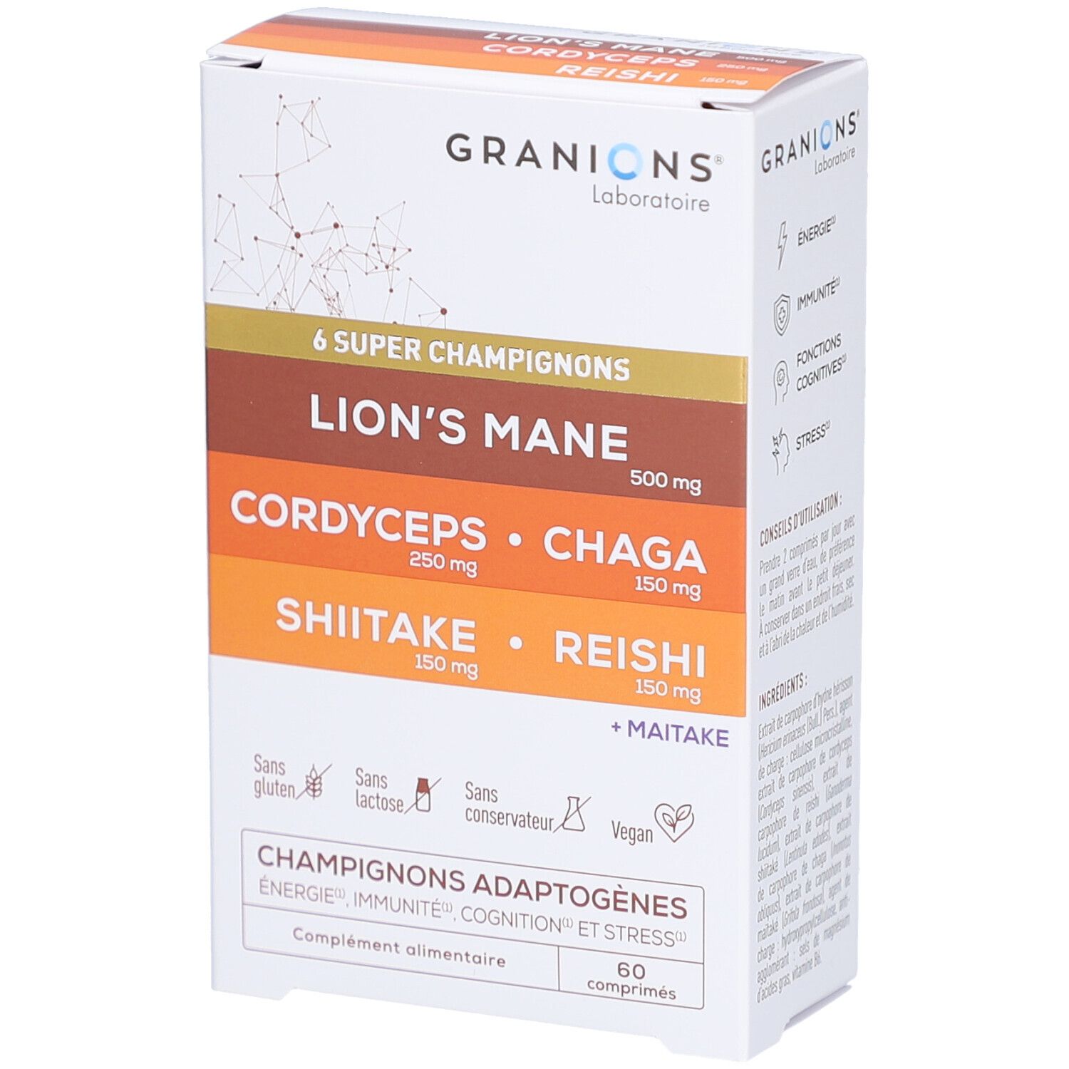 Boîte de GRANIONS CPLX SUP CHAMPIGNON CPR60. Contient 60 comprimés. Contient Lion's Mane, Cordyceps, Chaga, Shiitake, Reishi et Maitake.