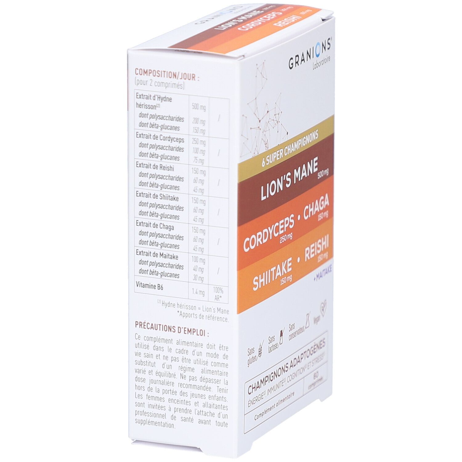 Vue latérale de l'emballage GRANIONS CPLX SUP CHAMPIGNON CPR60. Contient des informations sur les ingrédients et les précautions d'emploi.