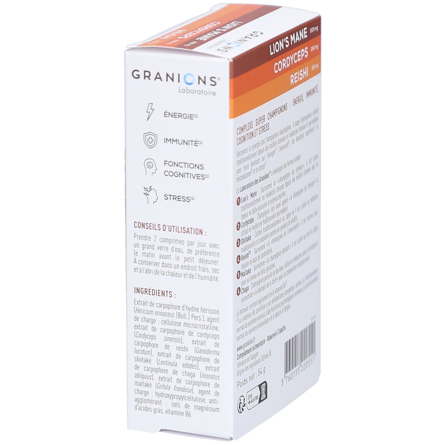 Vue latérale de l'emballage GRANIONS CPLX SUP CHAMPIGNON CPR60. Contient des informations sur l'utilisation et les ingrédients.