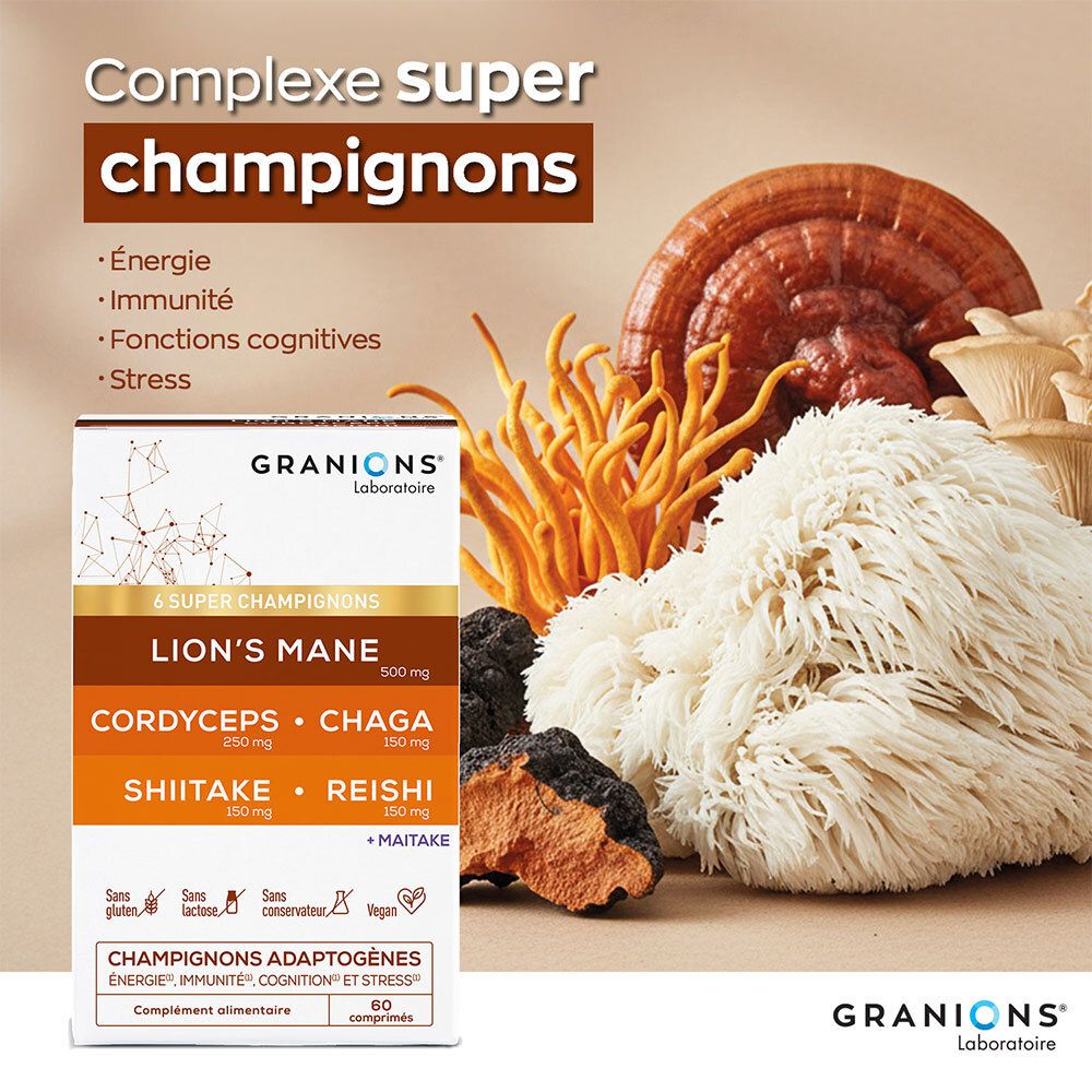 Boîte Granions Complexe Super Champignons avec champignons. Contient Lion's Mane, Cordyceps, Chaga, Shiitake, Reishi, Maitake. Texte sur ingrédients.