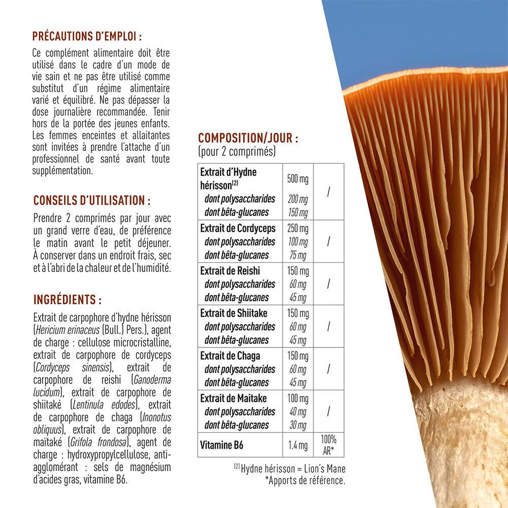 Gros plan sur les ingrédients et les conseils d'utilisation de Granions Complexe Super Champignons. Contient Lion's Mane, Cordyceps, Chaga, Shiitake, Reishi.