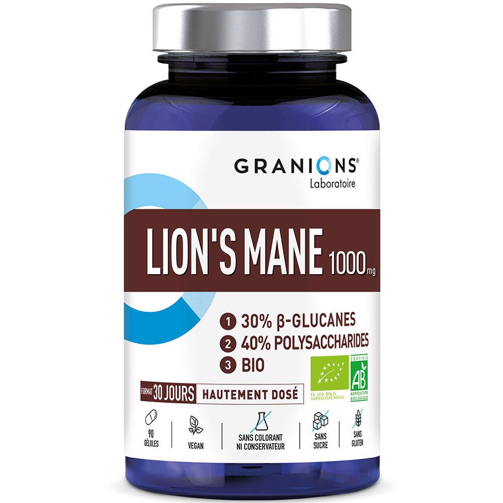 Flacon bleu. Inscription LION'S MANE 1000 mg, BIO. Logo de certification. 90 gélules.